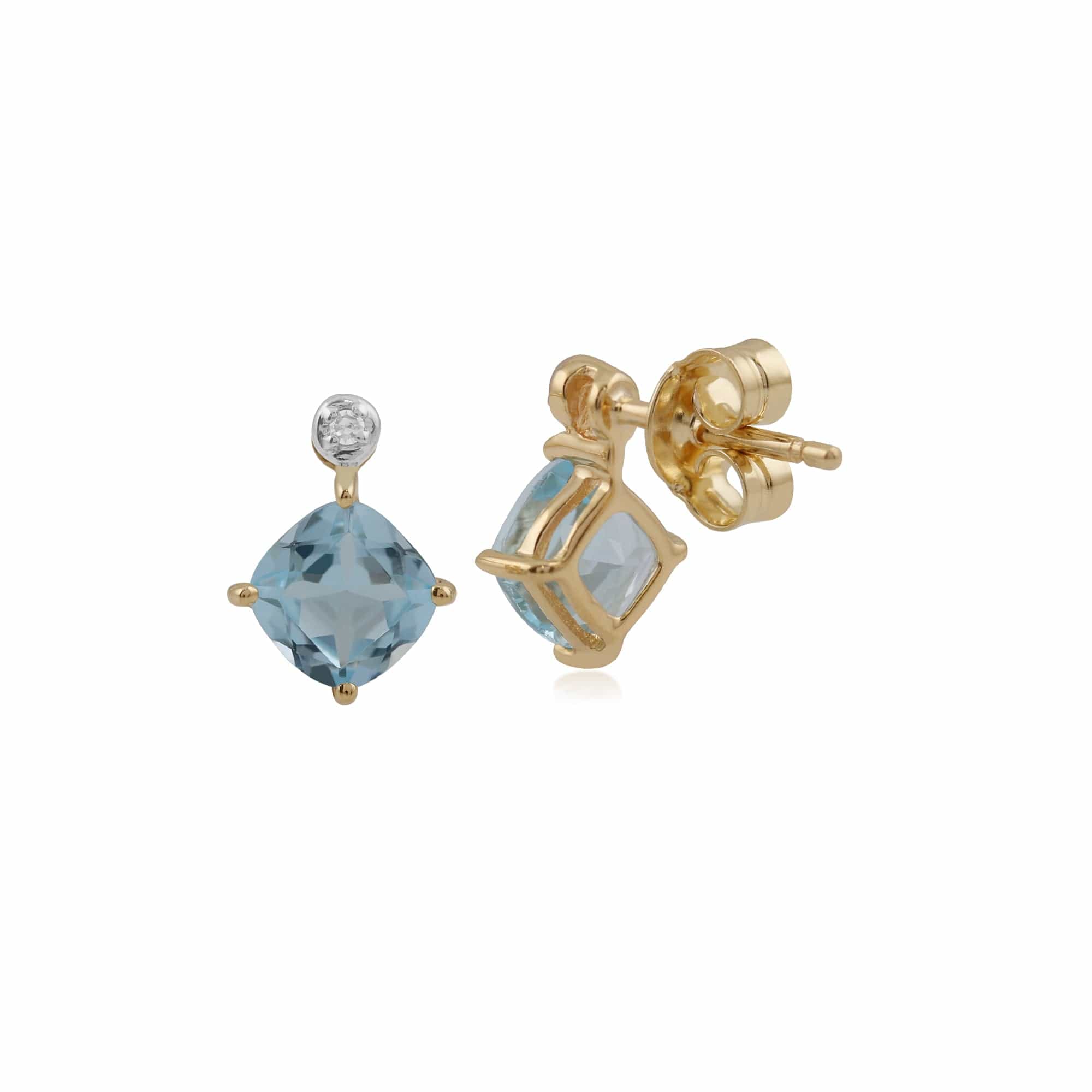 135E1294059 Classic Square Blue Topaz & Diamond Stud Earrings in 9ct Yellow Gold 2