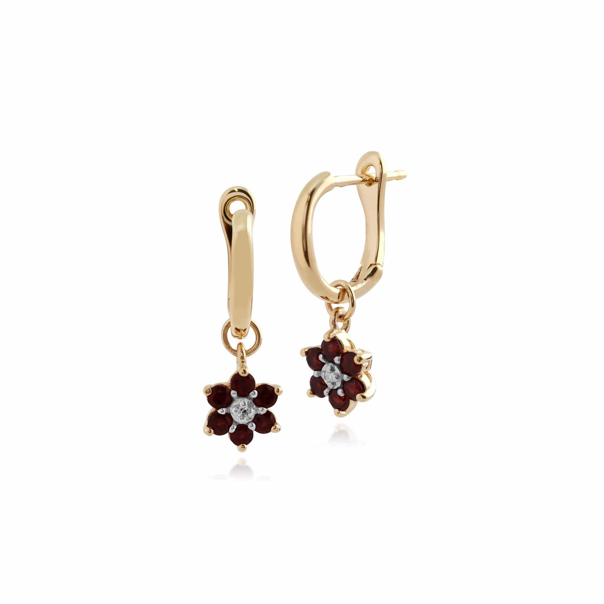 Gemondo 9ct Yellow Gold Mozambique Garnet and Diamond Floral Hoop Earrings  Image