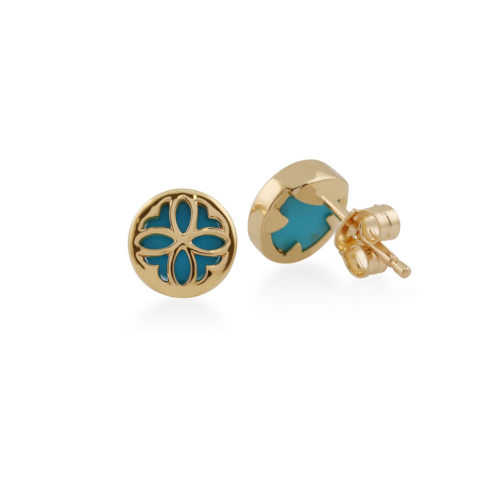 135E1320019 Art Nouveau Style Round Turquoise Floral Pattern Overlay Stud Earrings in 9ct Yellow Gold 3
