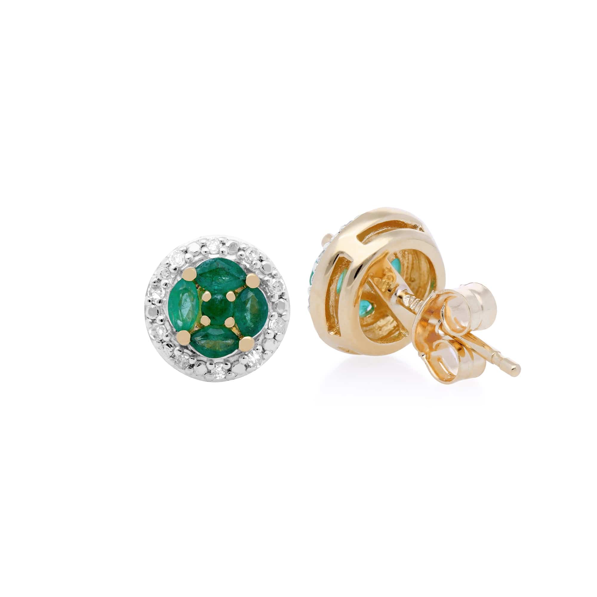 Classic Emerald & Diamond Halo Cluster Stud Earrings Image 2