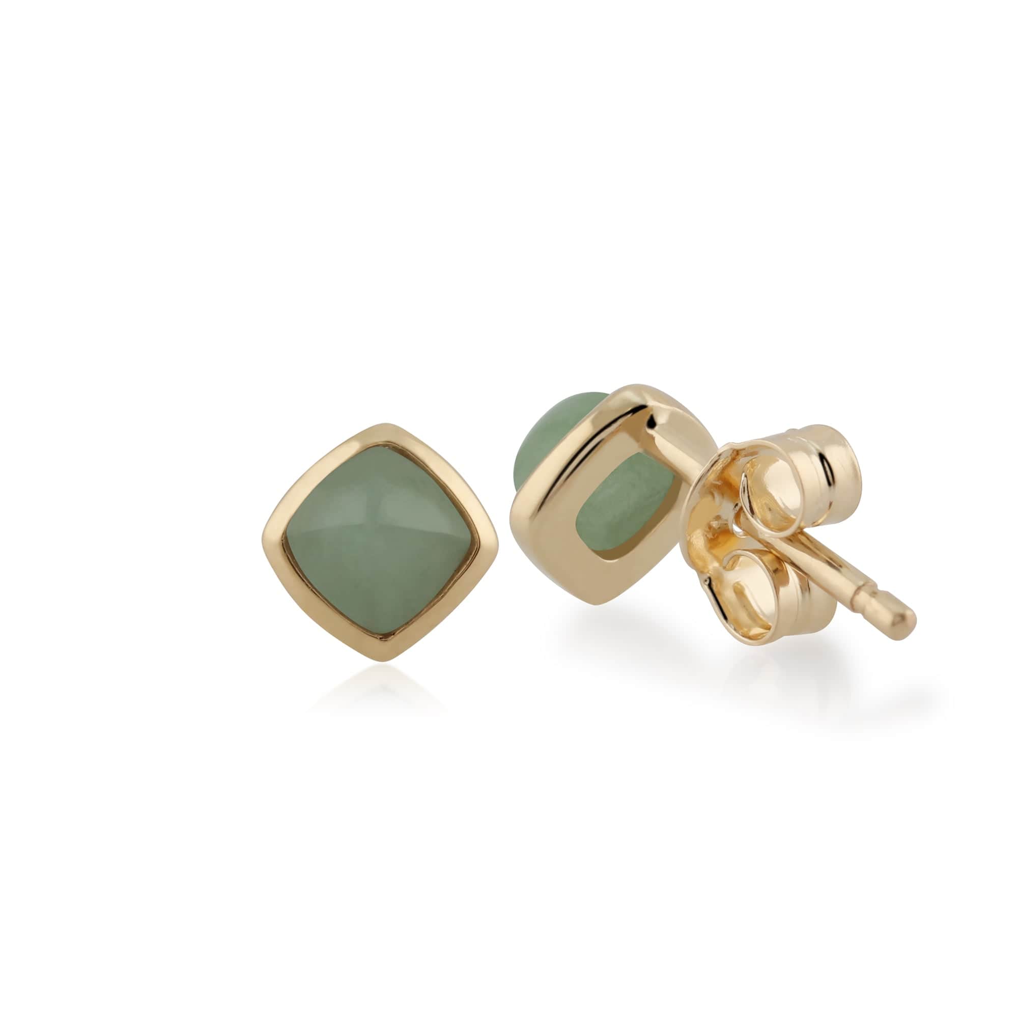 135E1406019 Classic Cushion Green Jade Bezel Set Stud Earrings in 9ct Yellow Gold 2