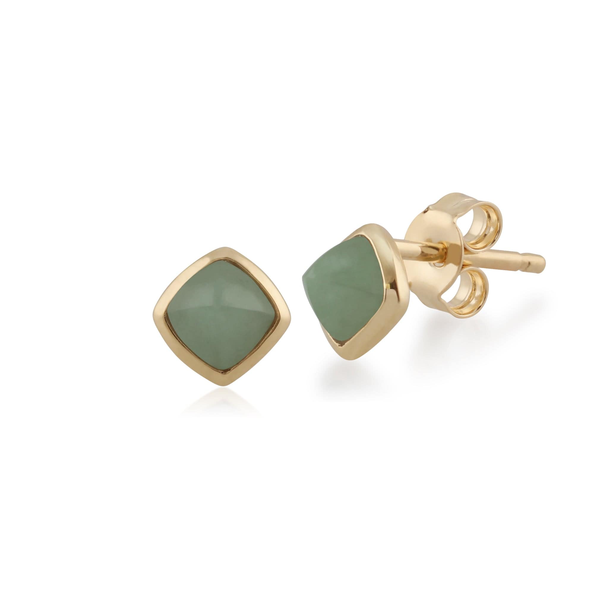 Classic Cushion Green Jade Bezel Set Stud Earrings in 9ct Yellow Gold - Gemondo