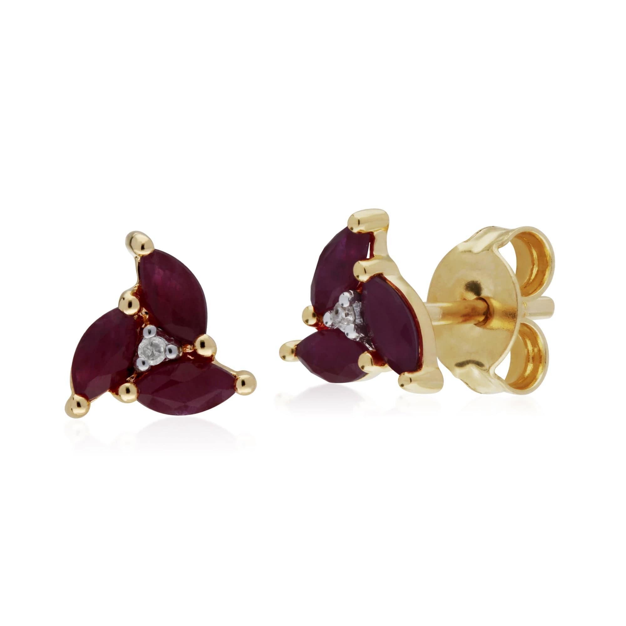 135E1488029 Floral Marquise Ruby & Diamond Stud Earrings in 9ct Yellow Gold 1