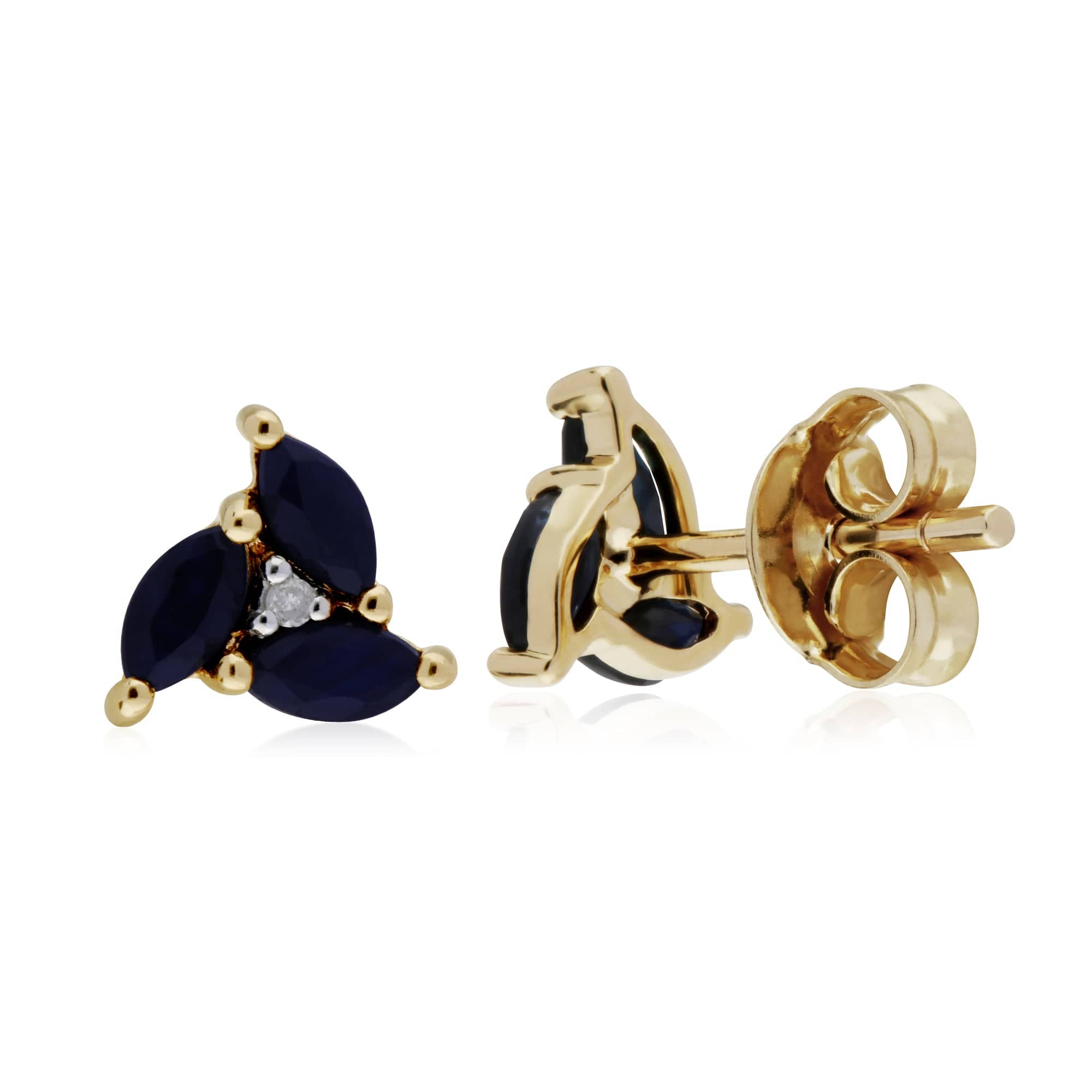 Floral Marquise Sapphire & Diamond Stud Earrings in Yellow Gold 