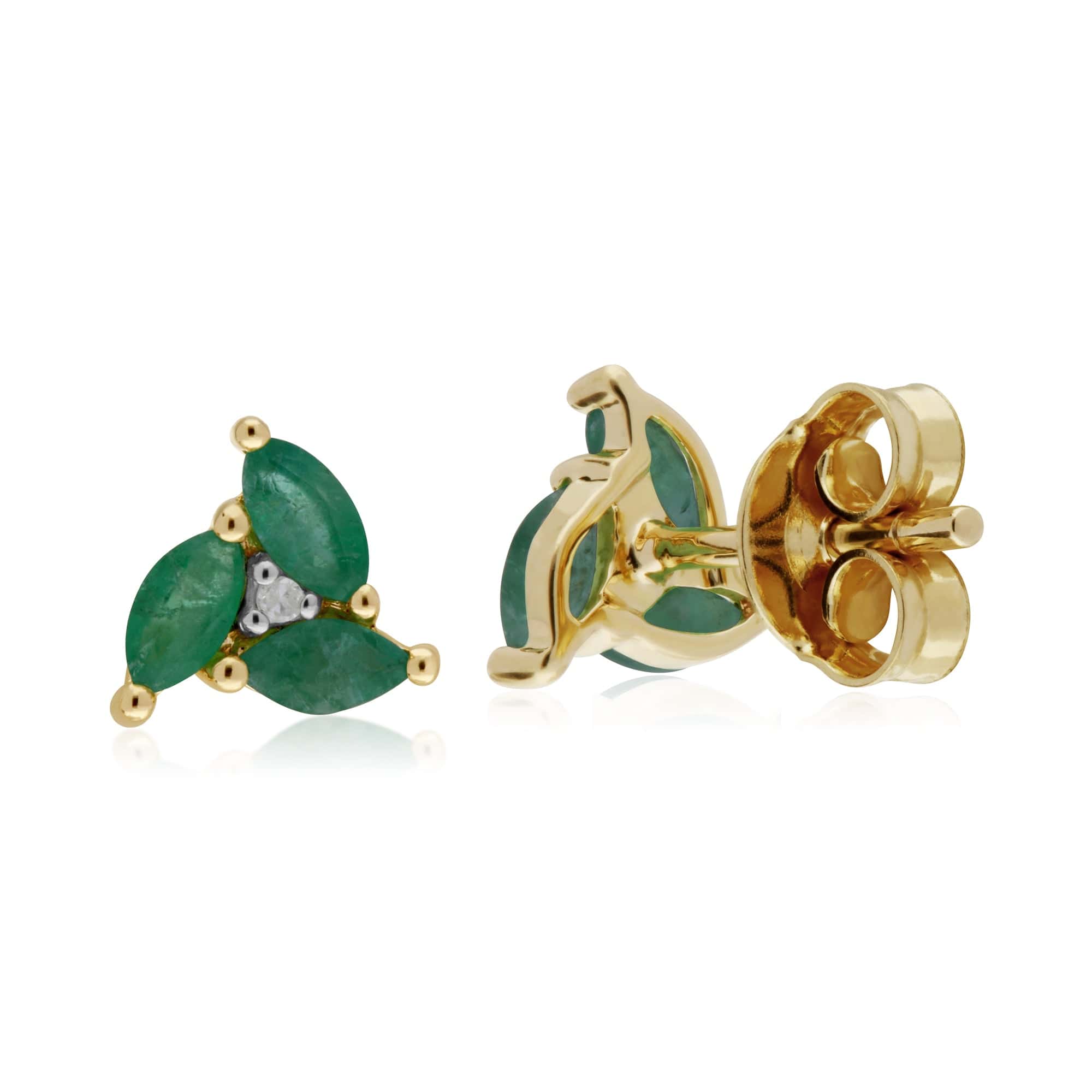 135E1488039 Floral Marquise Emerald & Diamond Stud Earrings in 9ct Yellow Gold 3