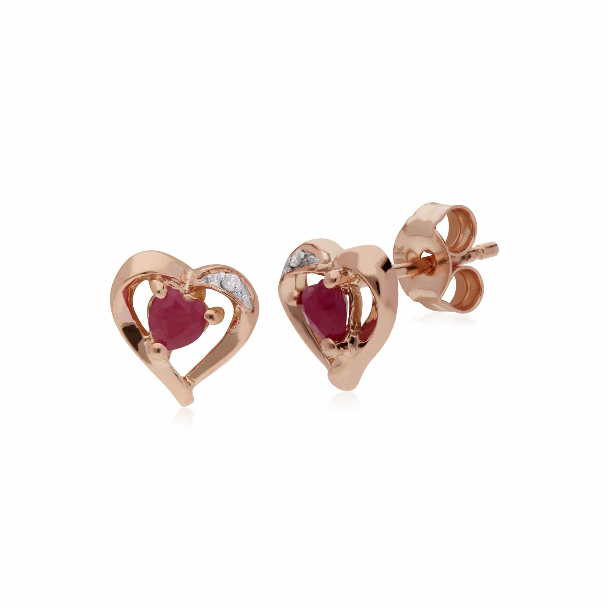 135E1493019 Classic Heart Ruby & Diamond Love Heart Stud Earrings in 9ct Rose Gold 1
