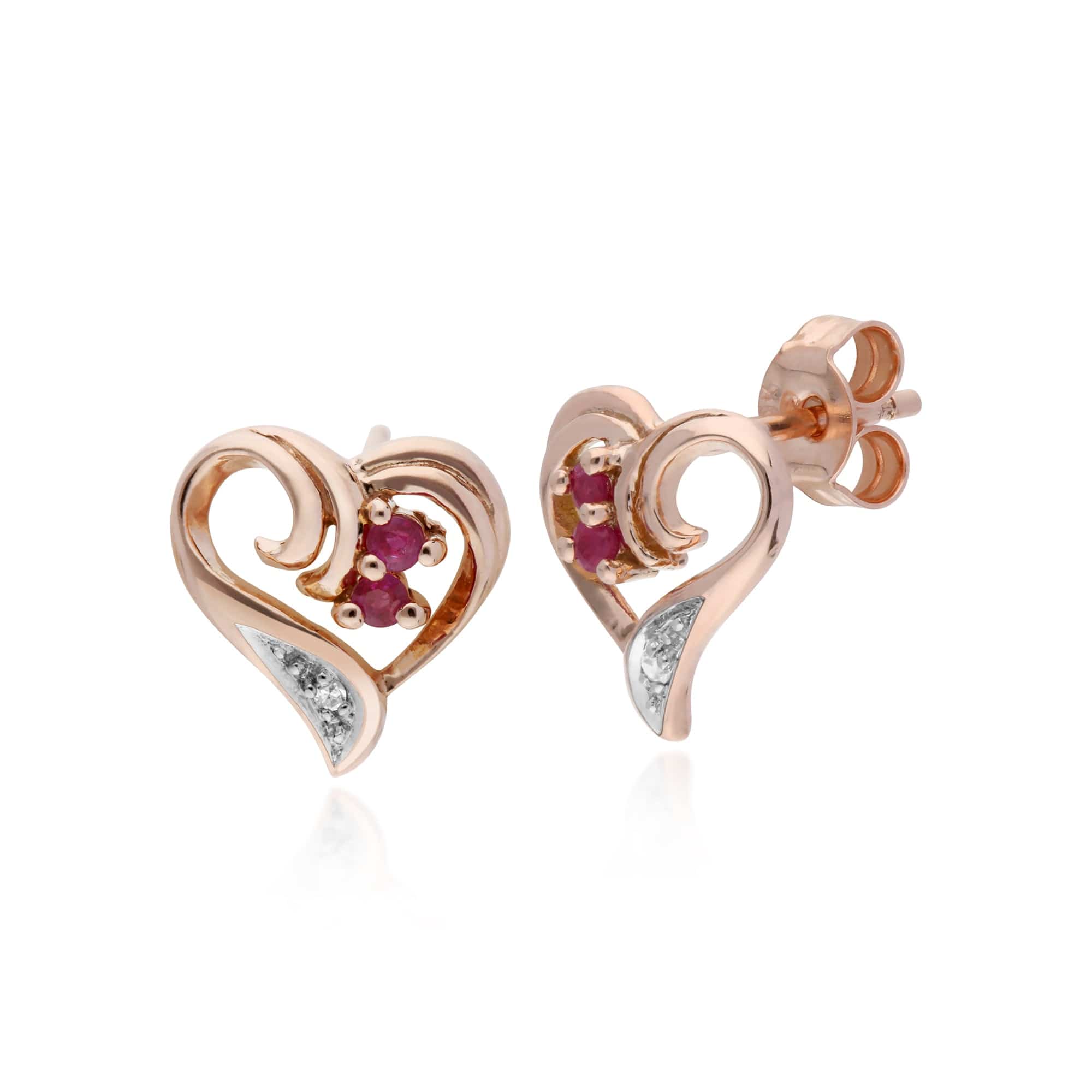 135E1494019 Classic Round Ruby & Diamond Fancy Swirl Heart Stud Earrings in 9ct Rose Gold 1