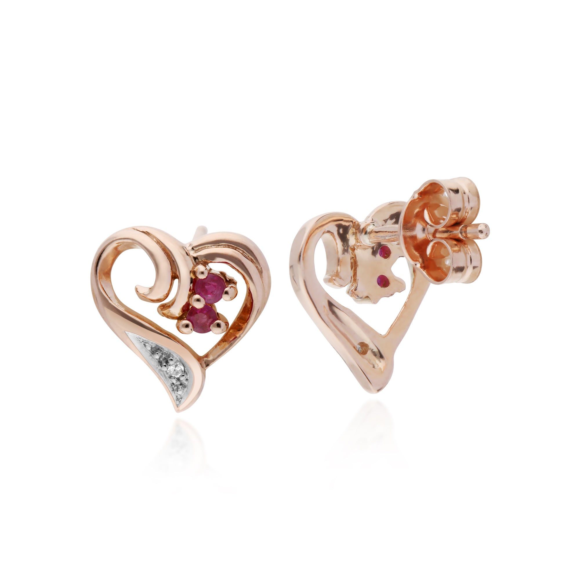 135E1494019 Classic Round Ruby & Diamond Fancy Swirl Heart Stud Earrings in 9ct Rose Gold 2