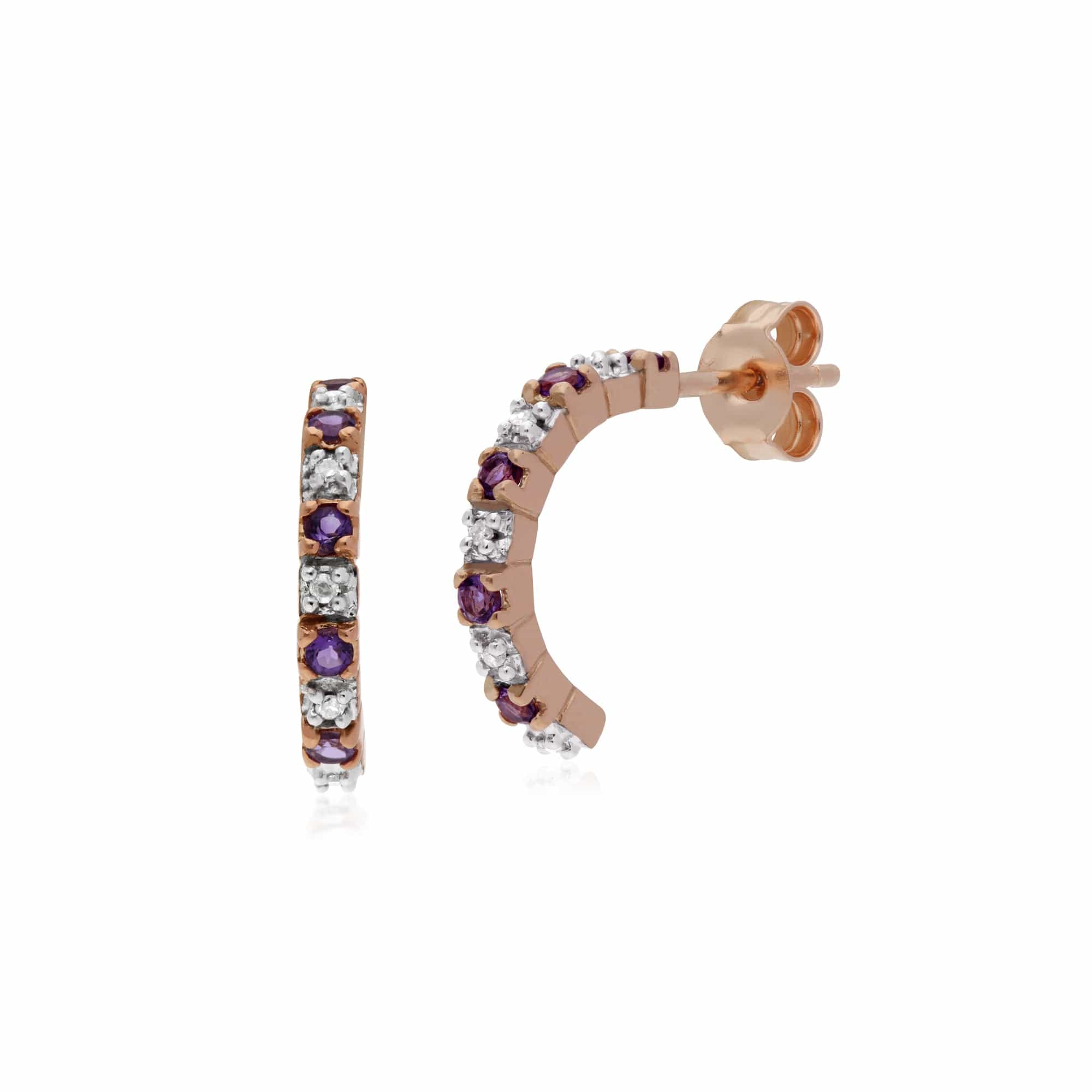 135E1495029 Gemondo 9ct Rose Gold Amethyst & Diamond Half Hoop Style Earrings 1