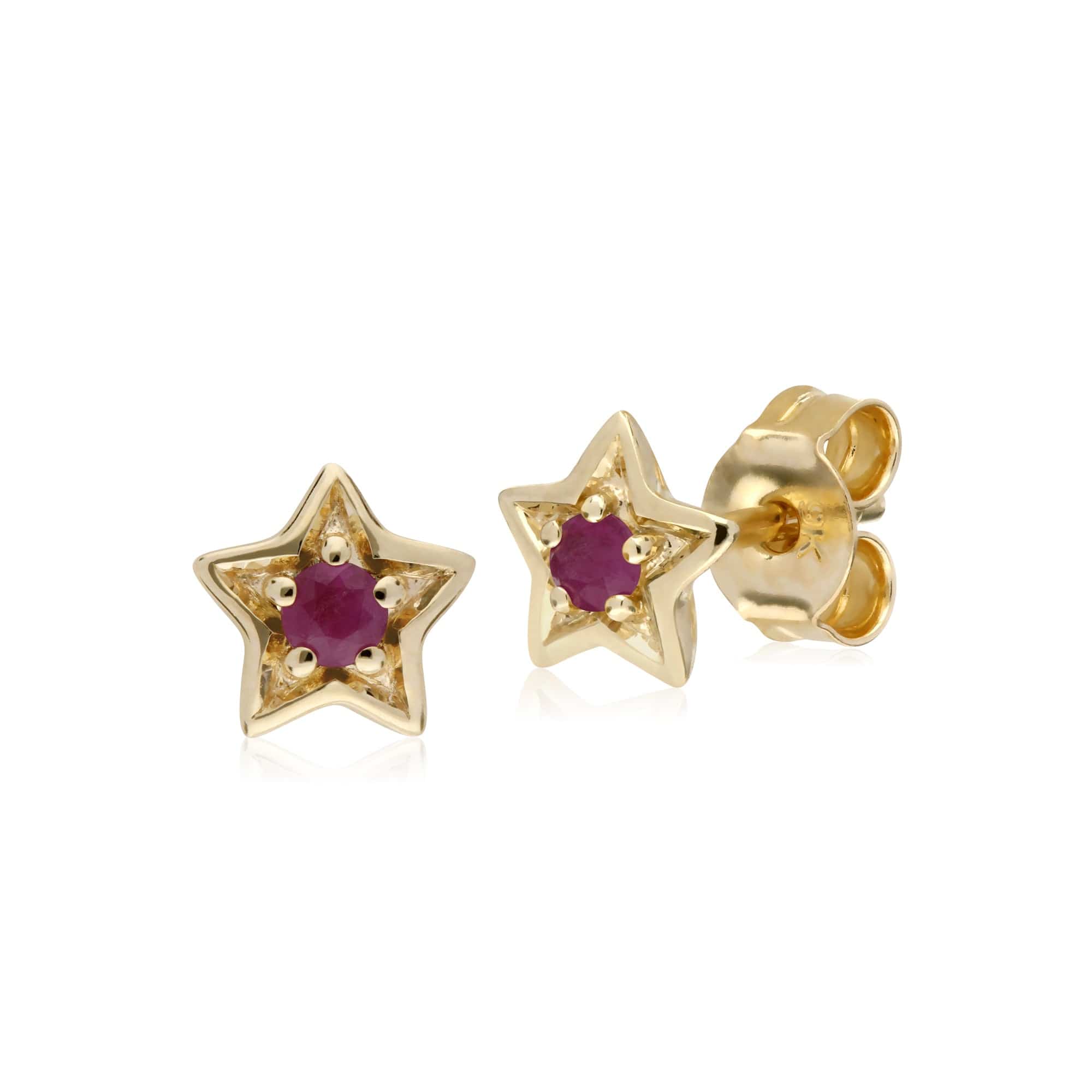 135E1523029 Classic Single Stone Round Ruby Star Stud Earrings in 9ct Yellow Gold 1