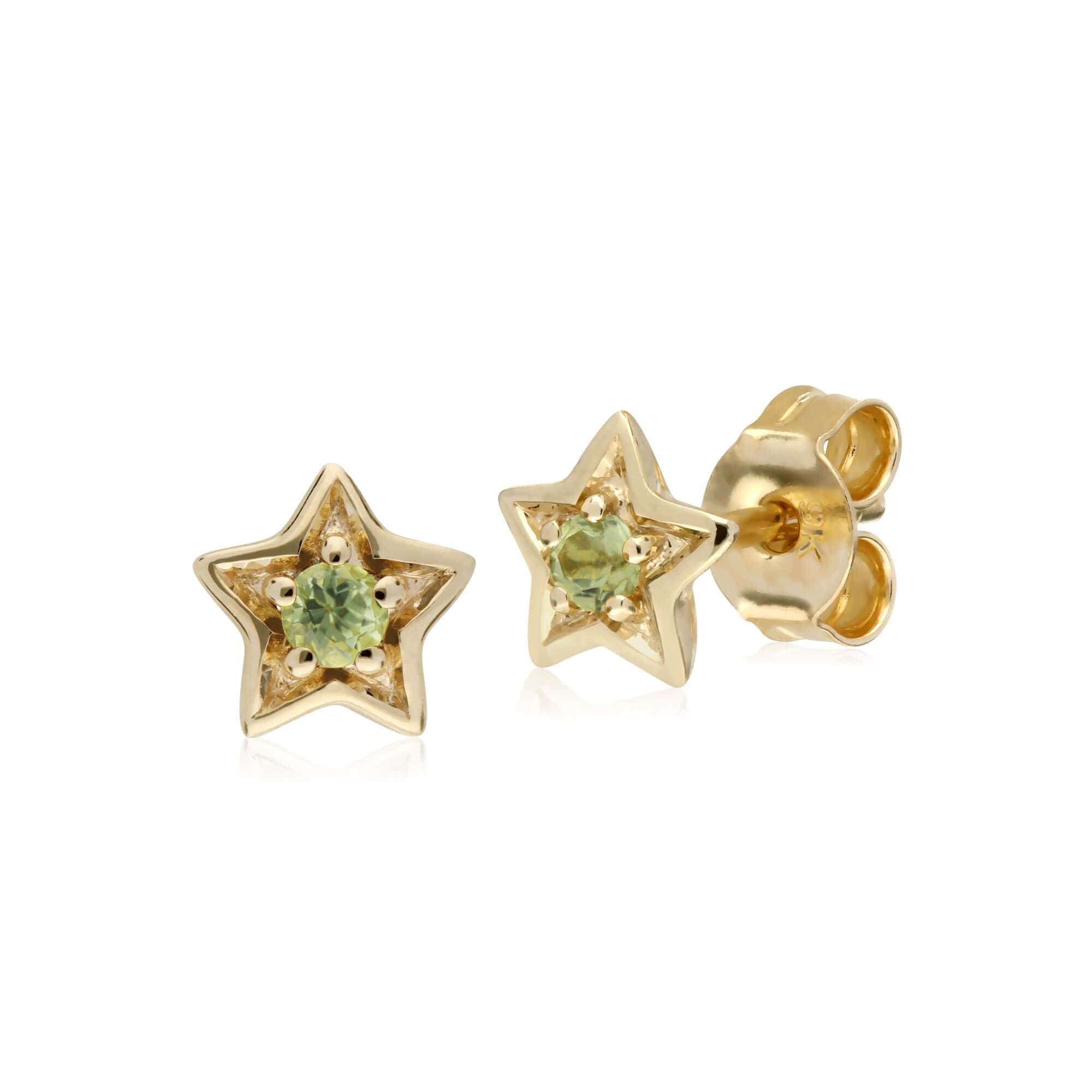 135E1523069 Classic Single Stone Round Peridot Star Stud Earrings in 9ct Yellow Gold 1