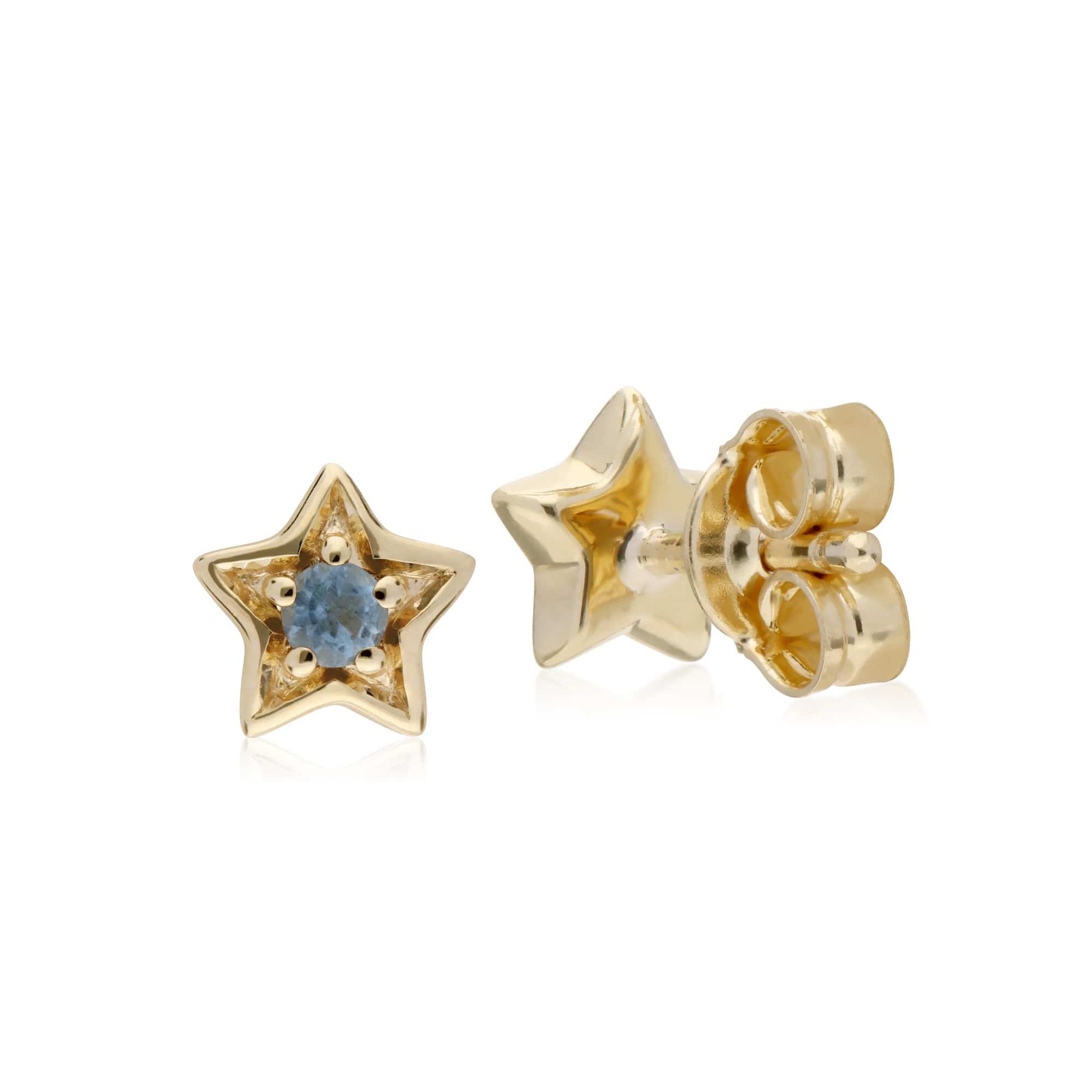 135E1523099 Classic Single Stone Round Aquamarine Star Stud Earrings in 9ct Yellow Gold 2