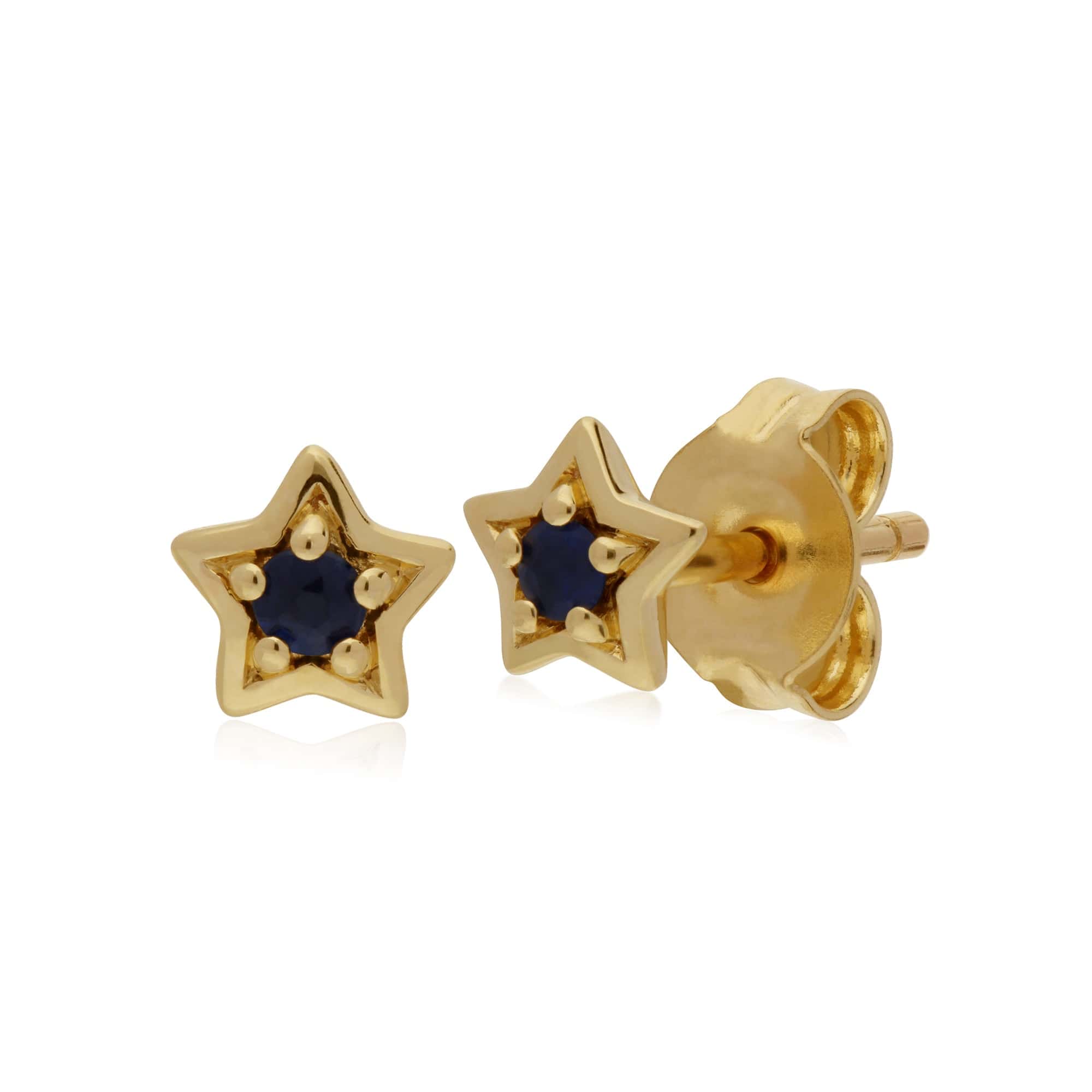 135E1523019 Classic Single Stone Round Sapphire Star Stud Earrings in 9ct Yellow Gold 1
