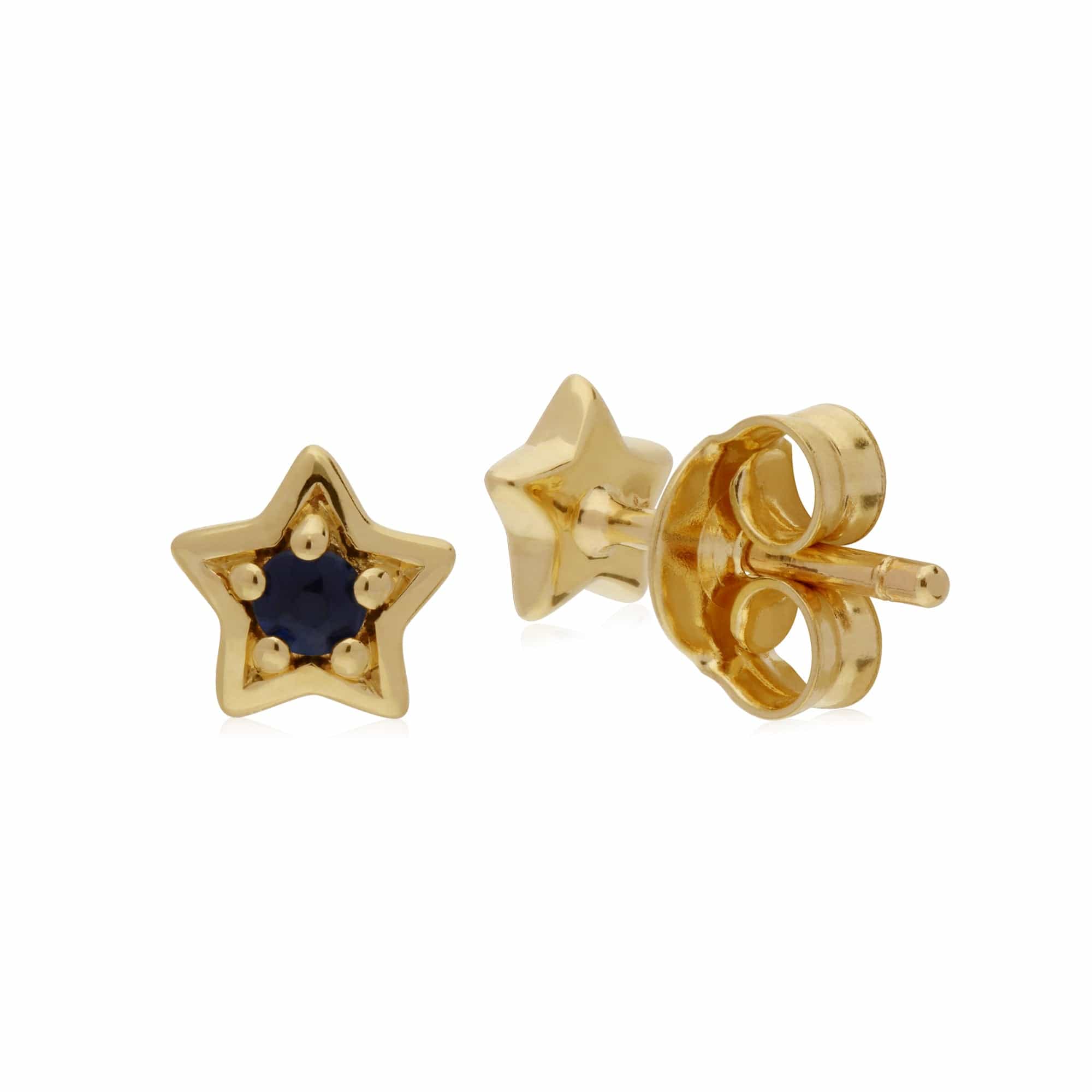 135E1523019 Classic Single Stone Round Sapphire Star Stud Earrings in 9ct Yellow Gold 2