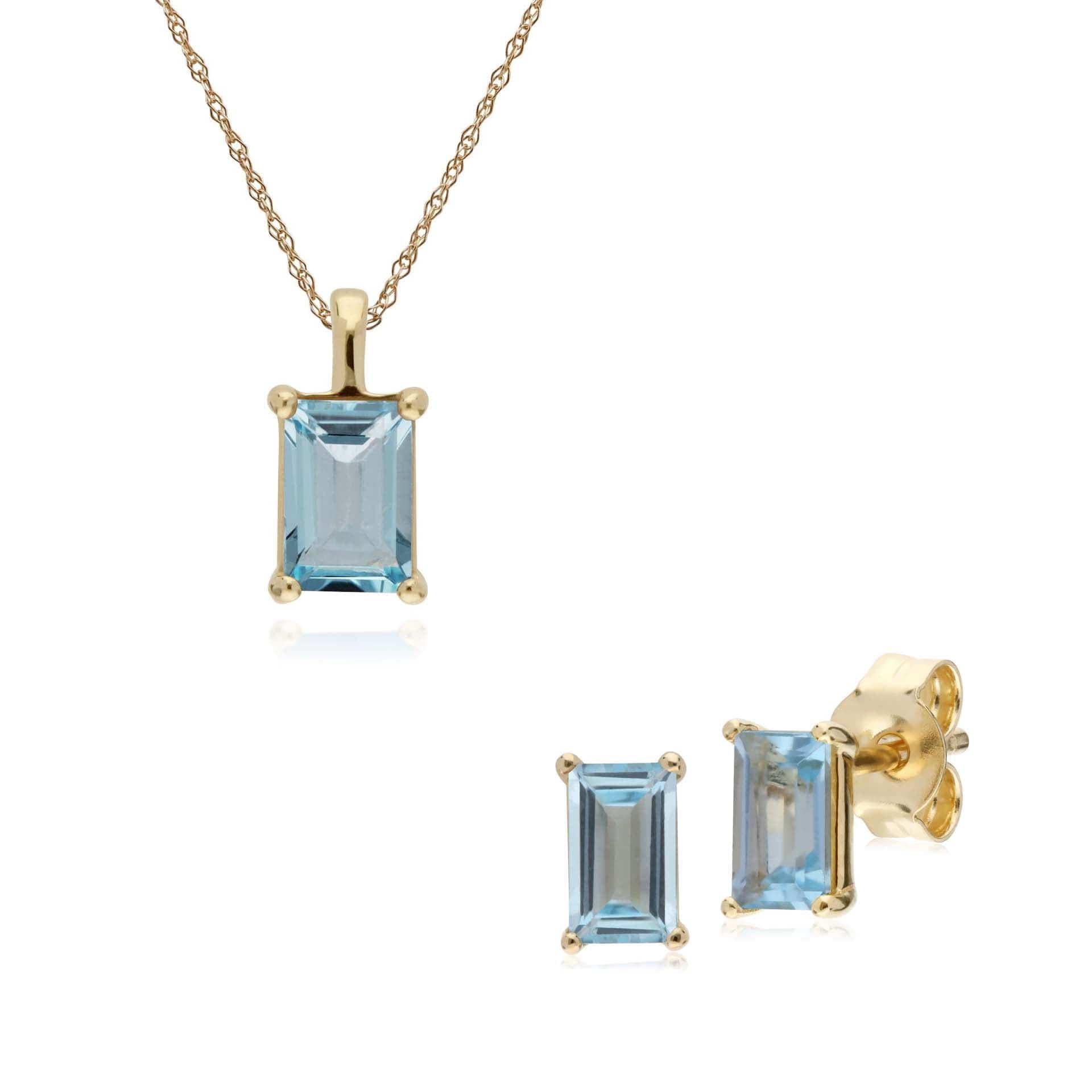 135E1524029-135P1872029 Classic Round Blue Topaz Single Stone Baguette Stud Earrings & Necklace Set in 9ct Yellow Gold 1