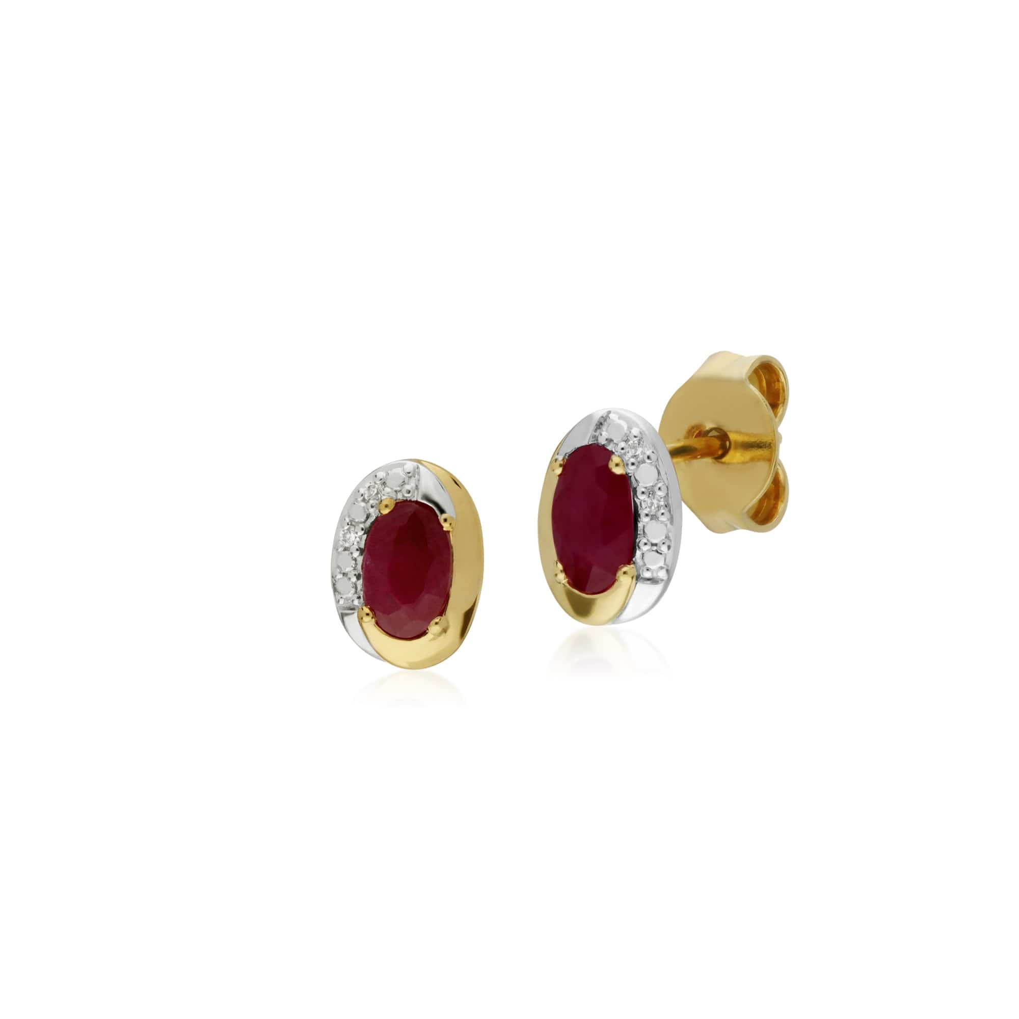 135E1554019 Classic Oval Ruby & Diamond Stud Earrings in Two Tone 9ct Yellow Gold 1