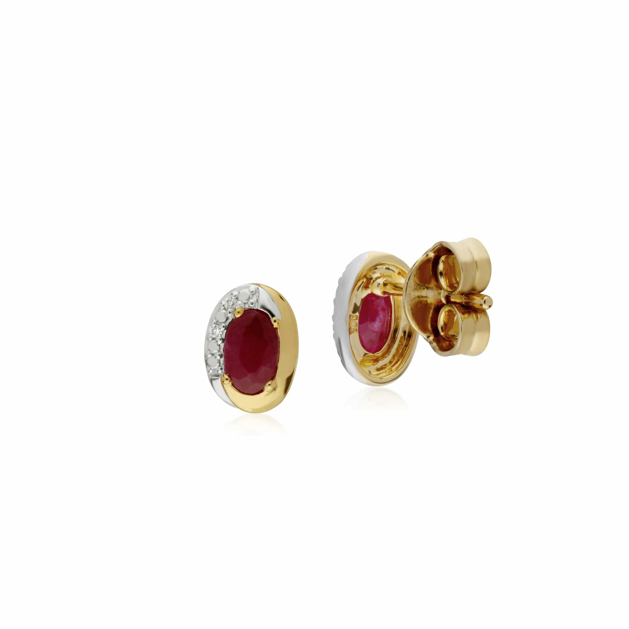 135E1554019 Classic Oval Ruby & Diamond Stud Earrings in Two Tone 9ct Yellow Gold 2