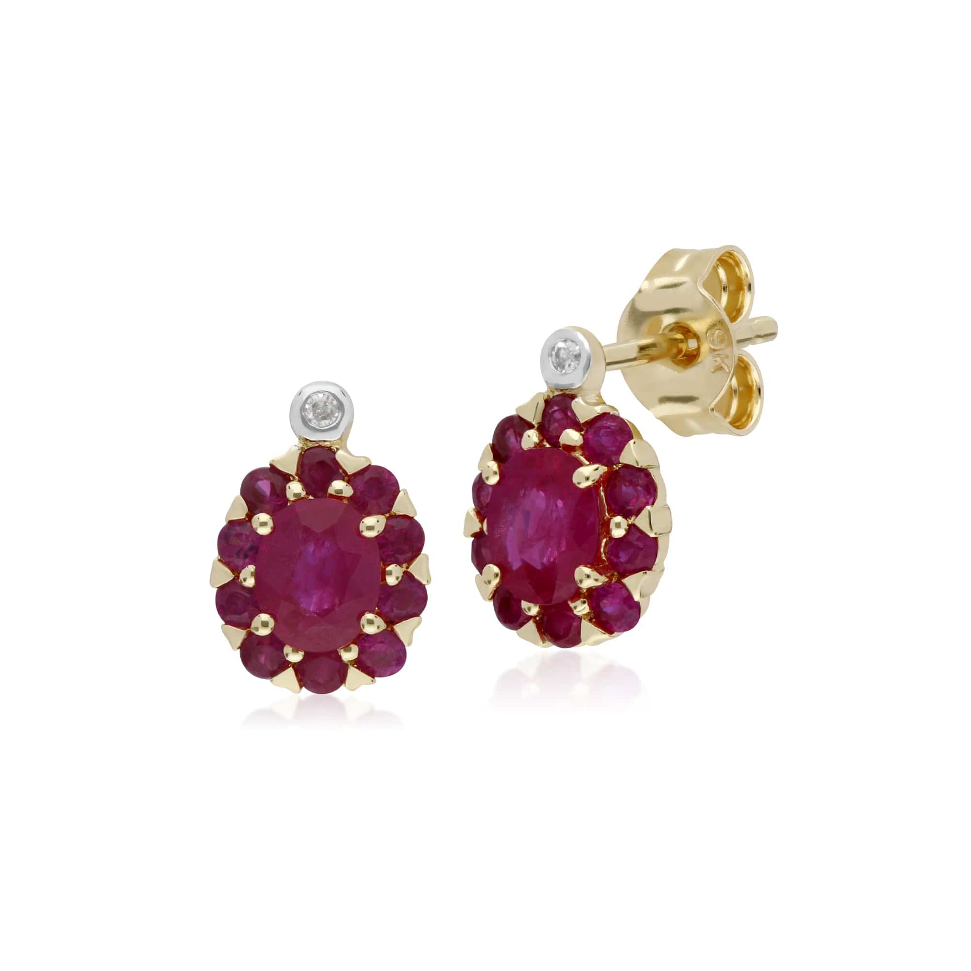 135E1572019 Gemondo 9ct Yellow Gold Ruby & Diamond Oval Cluster Stud Earrings 1