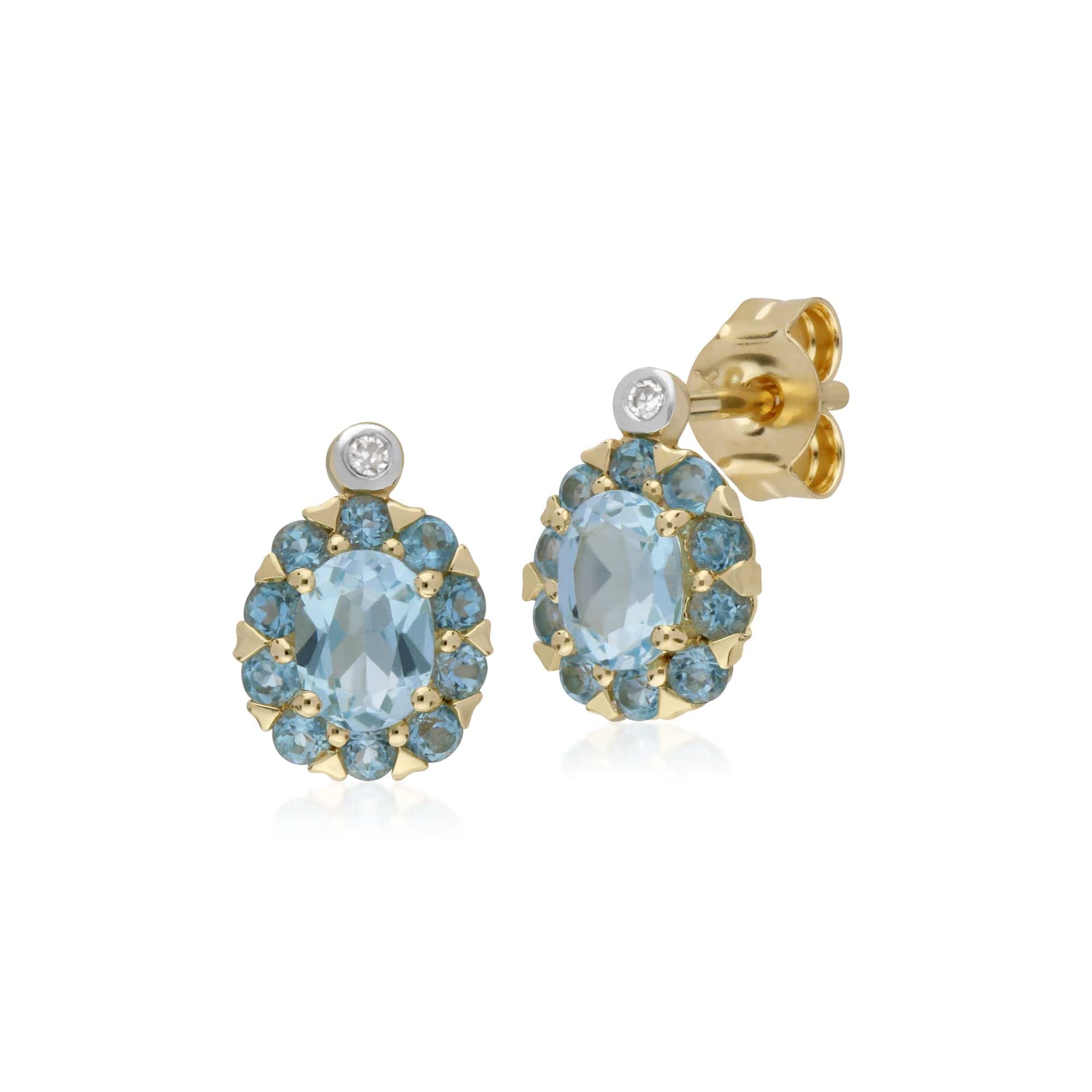 135E1572059-135P1912059 Classic Oval Blue Topaz & Diamond Cluster Stud Earrings & Pendant Set in 9ct Yellow Gold 2