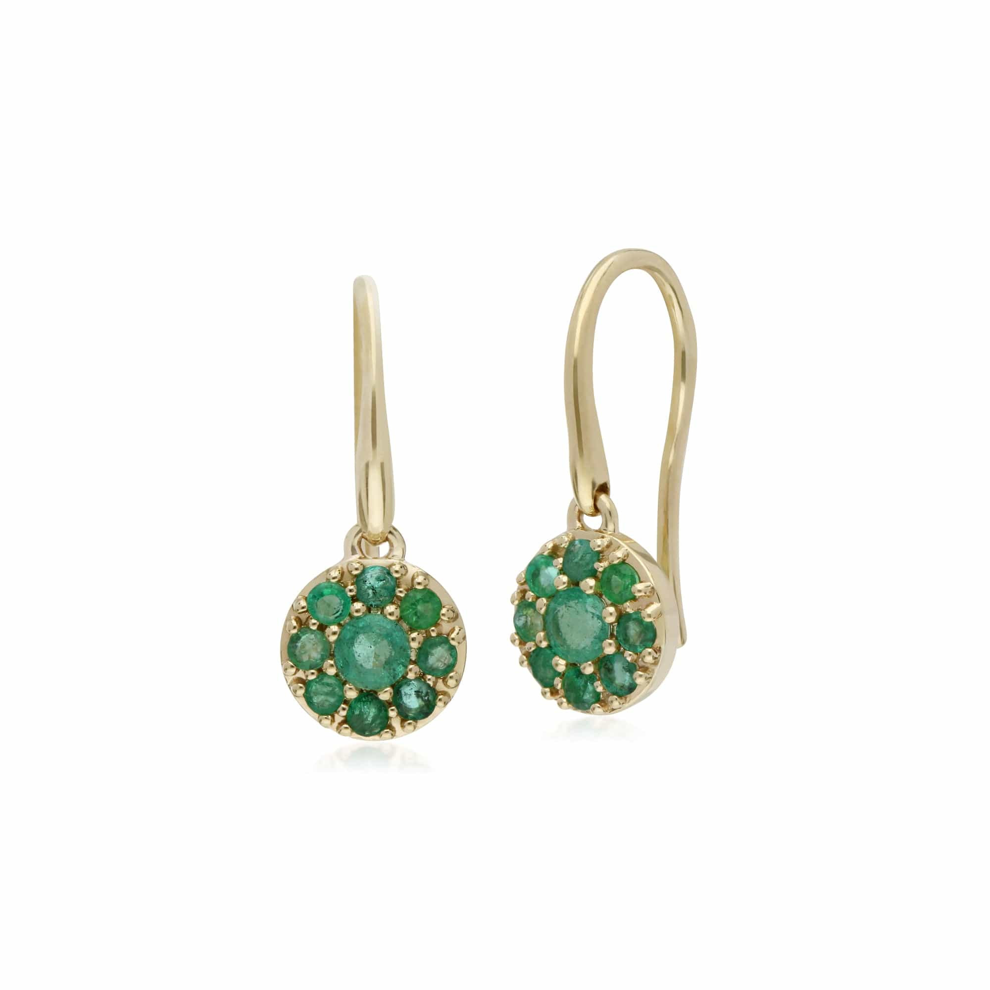 135E1573039 Classic Emerald Cluster Hook Drop Earrings in 9ct Yellow Gold 1
