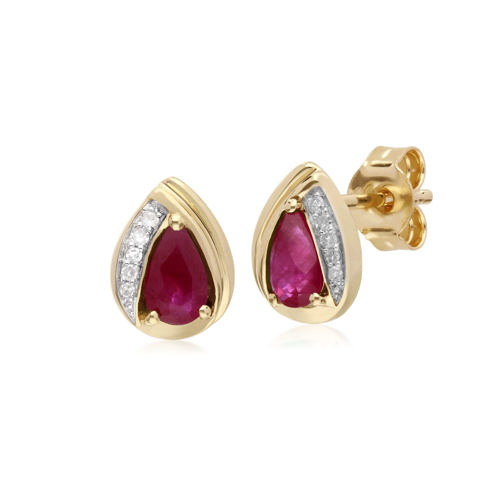 135E1575019 Classic Pear Ruby & Diamond Tear Drop Stud Earrings in 9ct Yellow Gold 1
