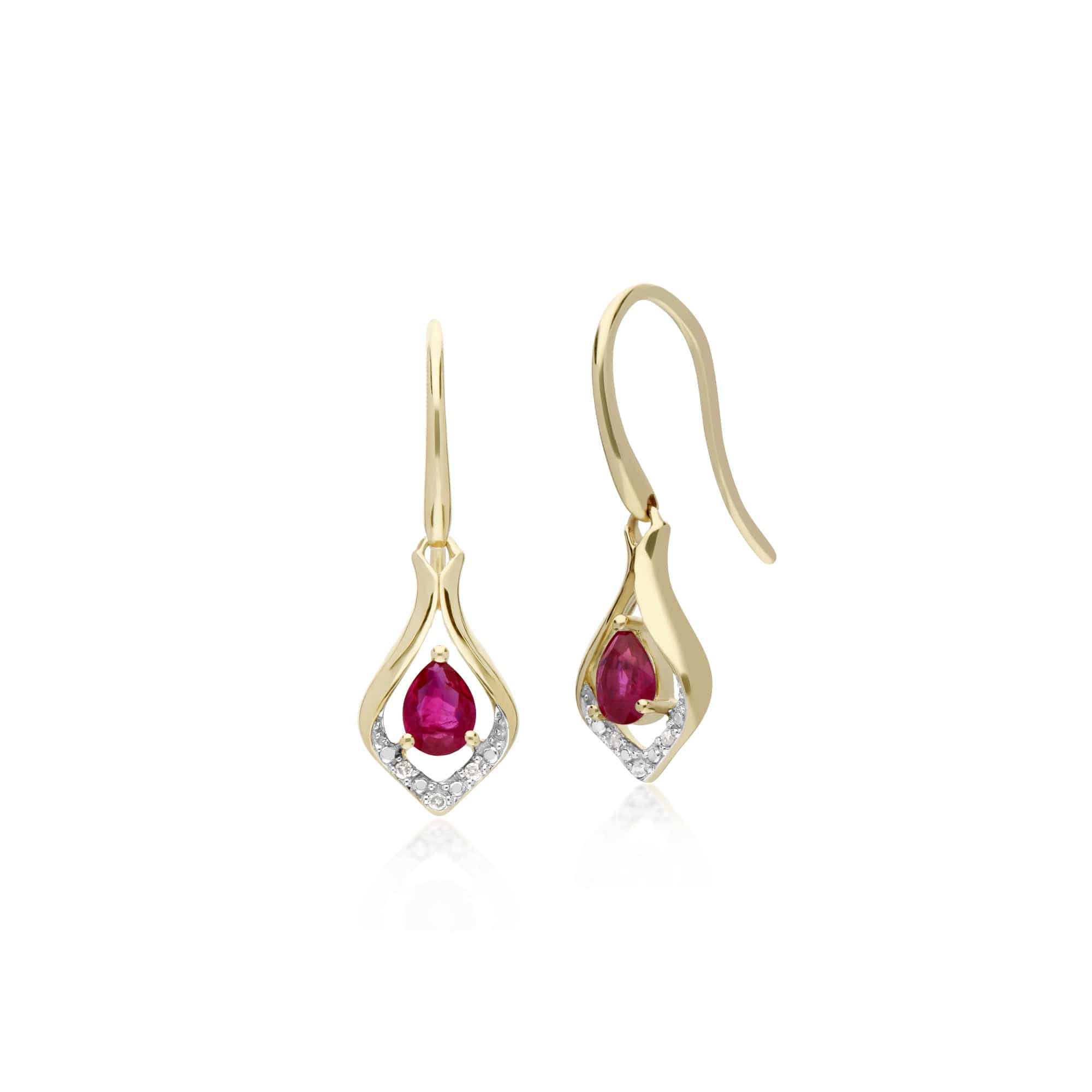 135E1577019 Classic Pear Ruby & Diamond Leaf Halo Drop Earrings in 9ct Yellow Gold 1