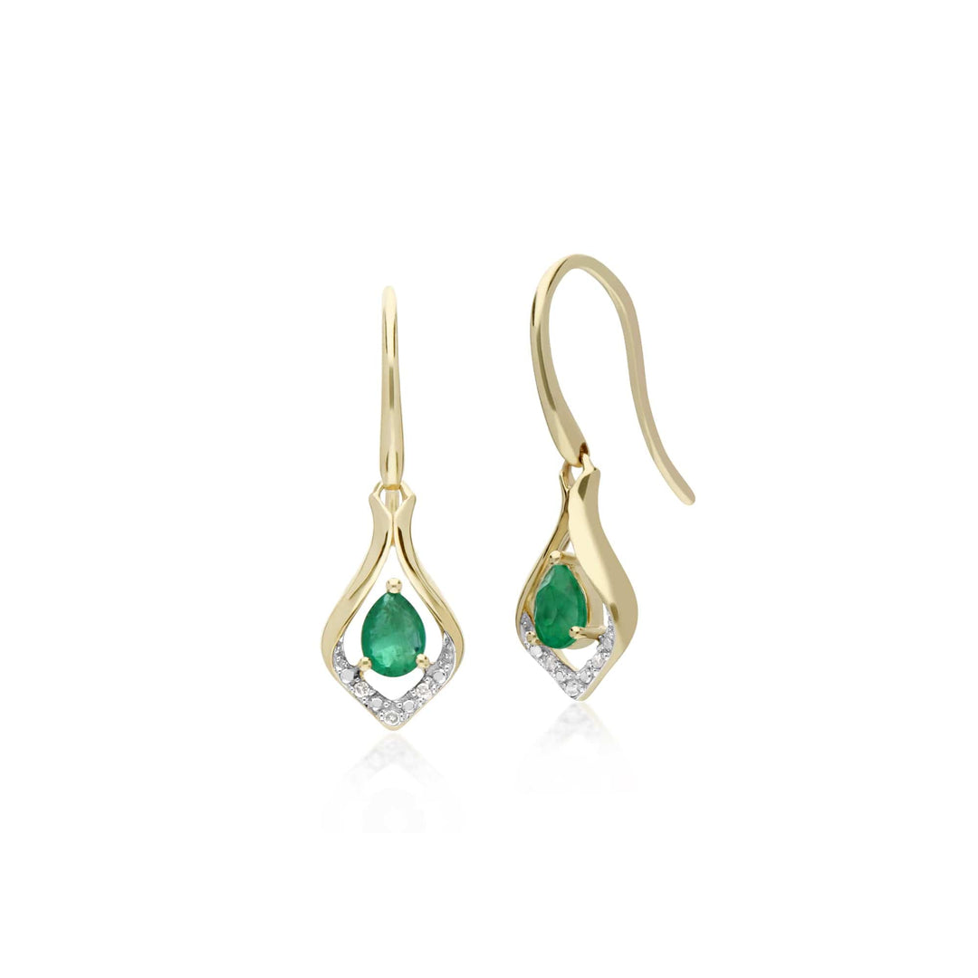 135E1577039 Classic Pear Emerald & Diamond Leaf Drop Earrings in 9ct Yellow Gold 1