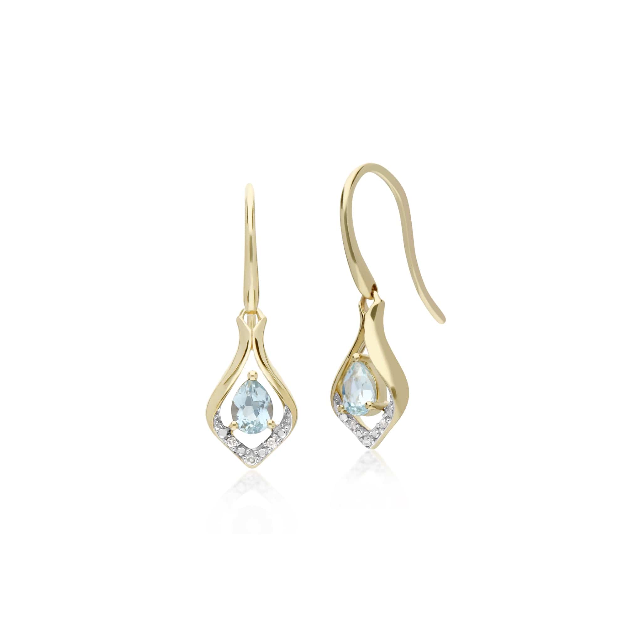135E1577049-135P1915049 Classic Oval Aquamarine & Diamond Leaf Drop Earrings & Pendant Set in 9ct Yellow Gold 2