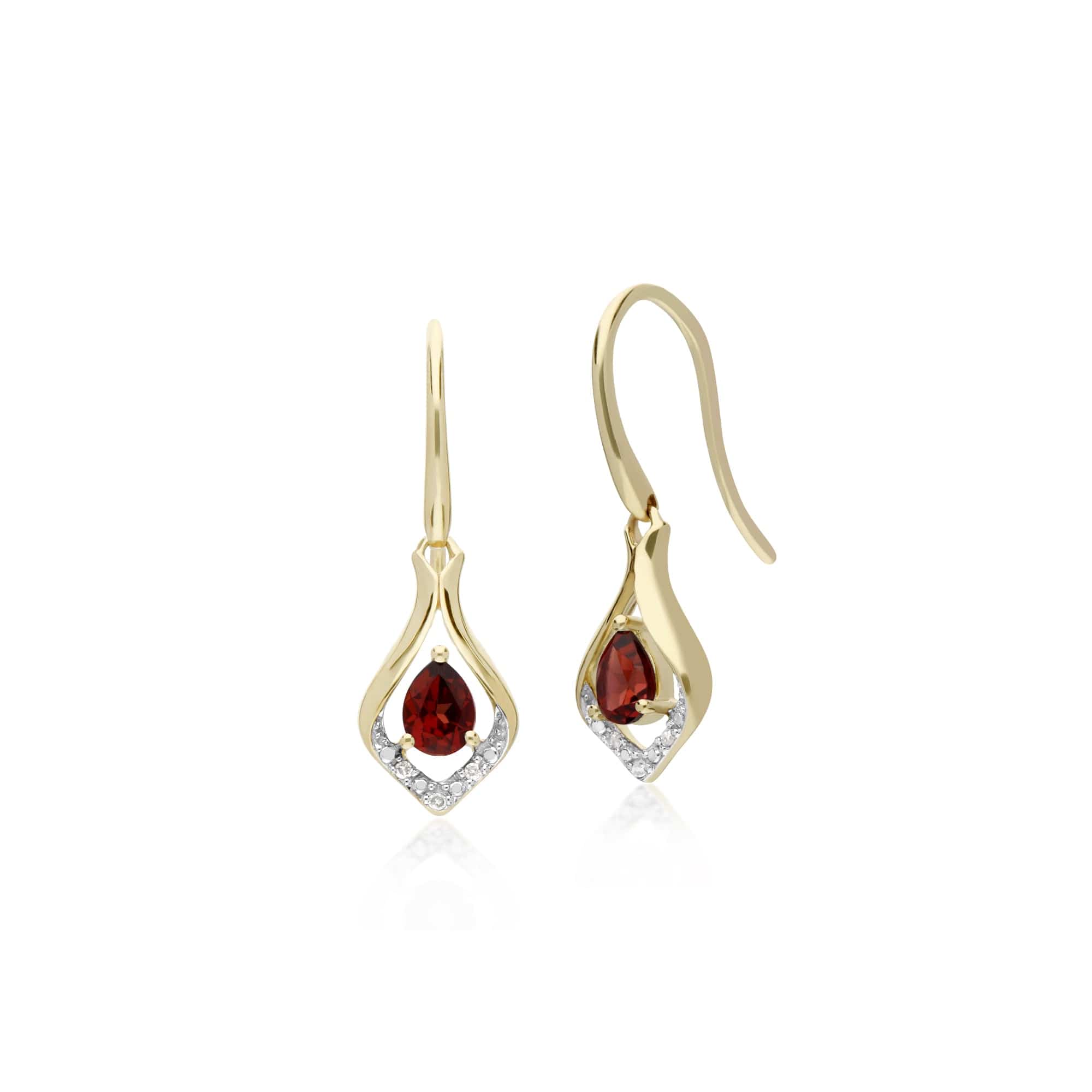 135E1577079 Classic Pear Garnet & Diamond Leaf Halo Drop Earrings in 9ct Yellow Gold 1