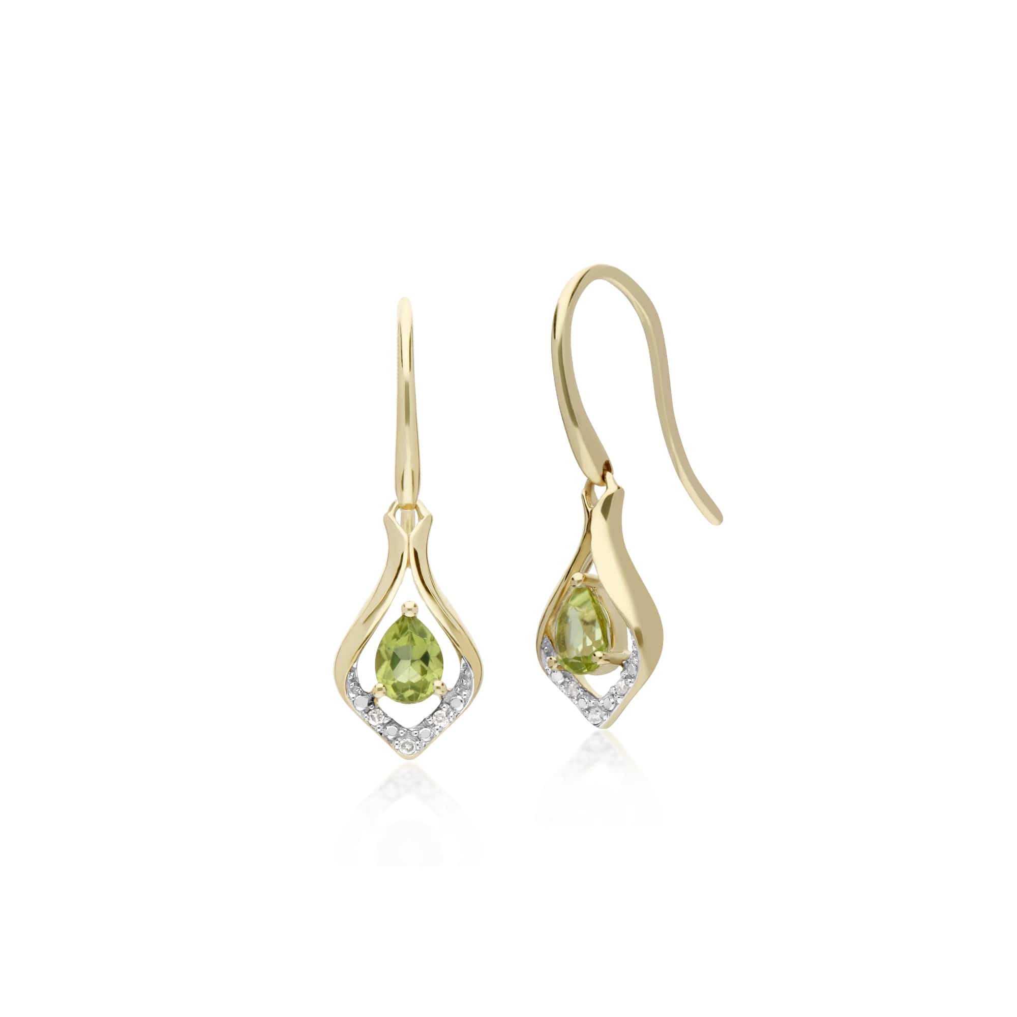 135E1577089 Classic Pear Peridot & Diamond Leaf Halo Drop Earrings in 9ct Yellow Gold 1