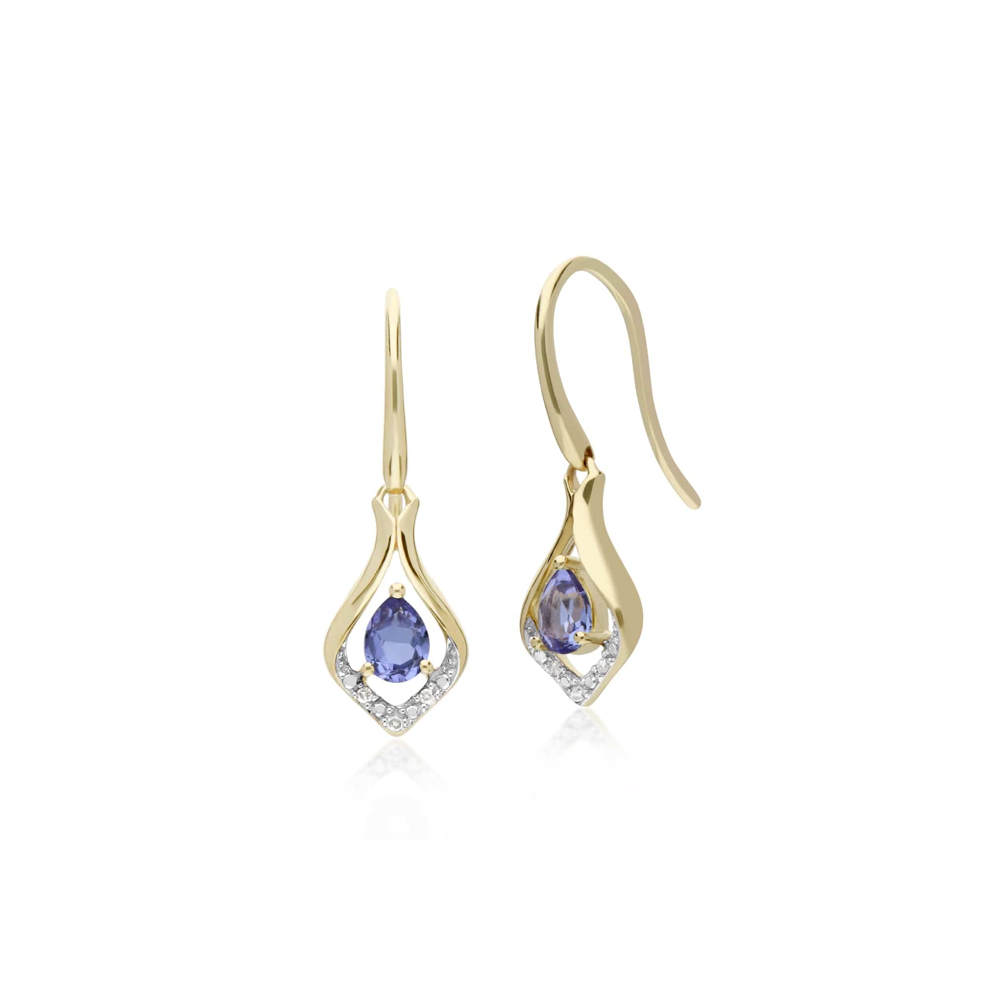 135E1577099 Classic Pear Tanzanite & Diamond Leaf Halo Drop Earrings in 9ct Yellow Gold 1