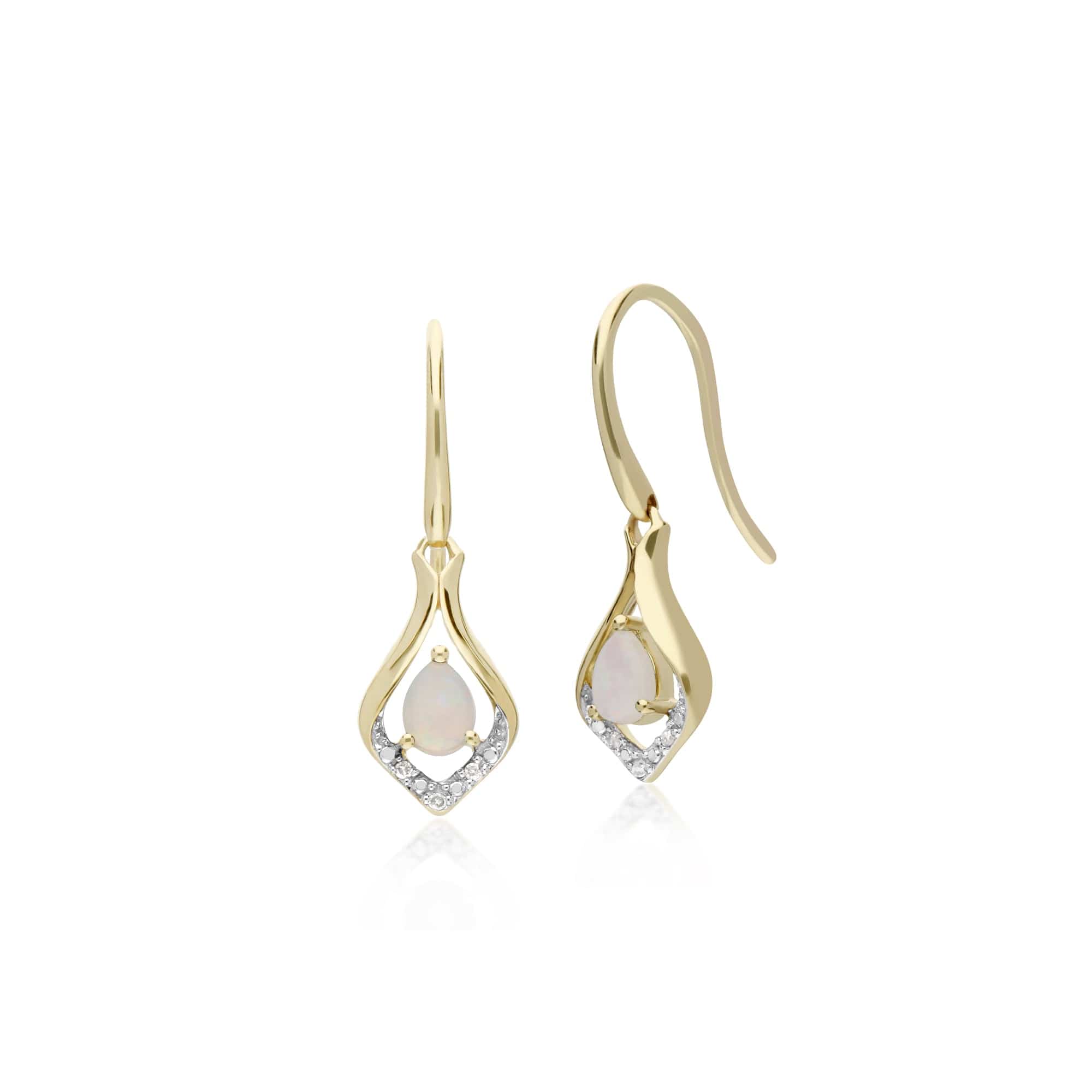 135E1577109 Gemondo 9ct Yellow Gold Round Opal & Diamond Leaf Drop Earrings 1