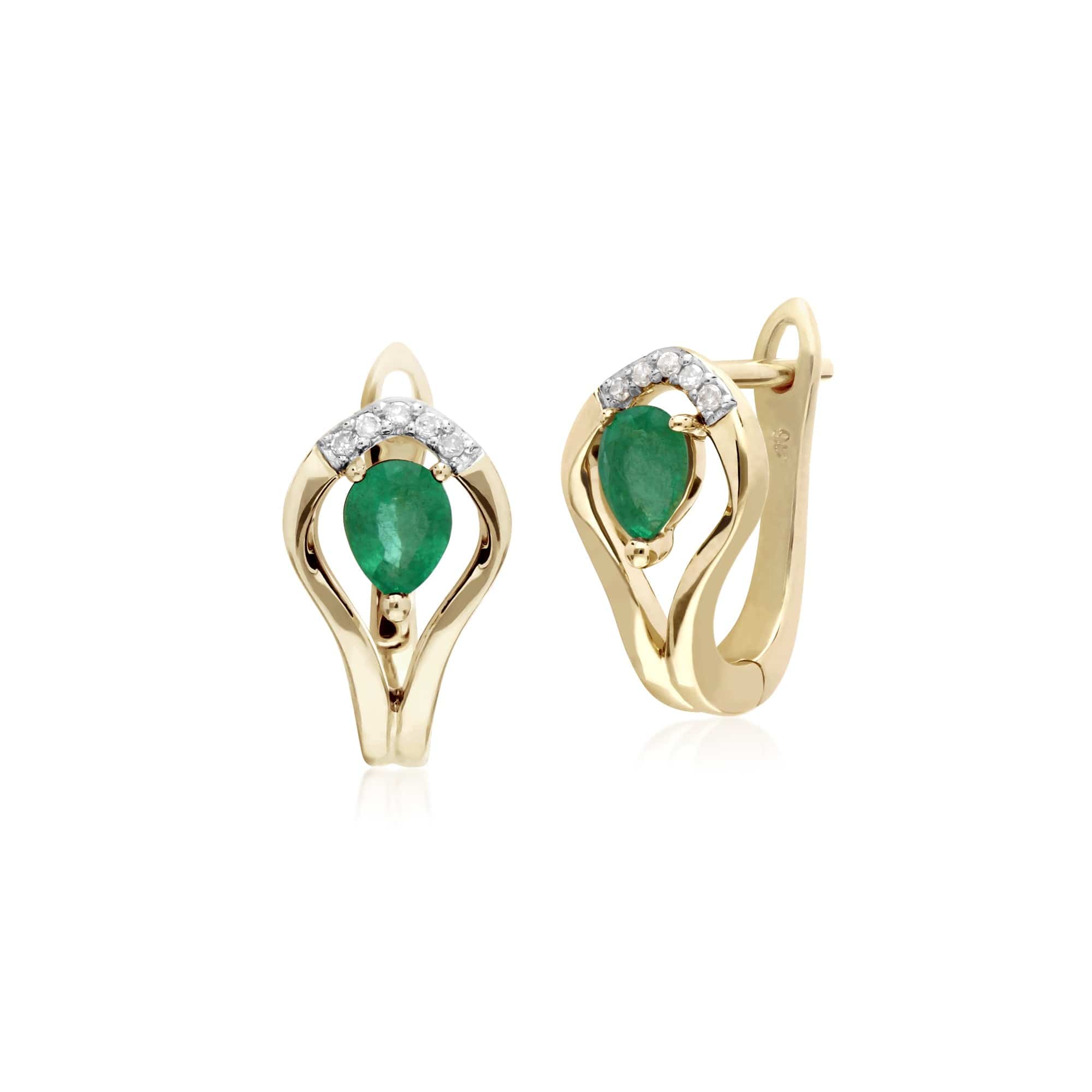 135E1578039 Classic Emerald & Diamond Leaf Halo Lever Back Earrings in 9ct Gold 1