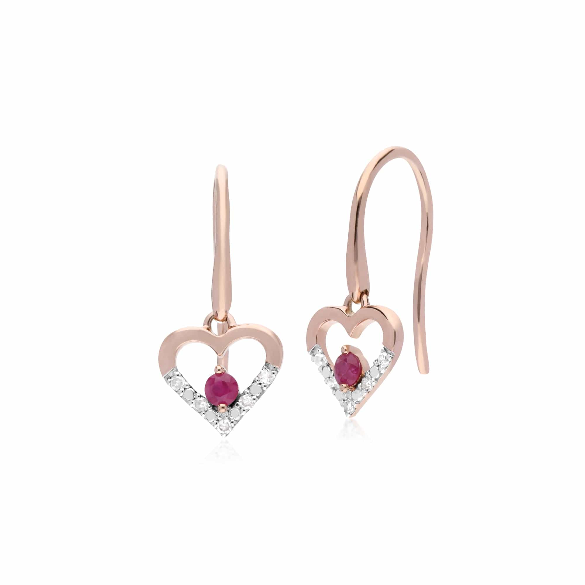 135E1580019 Classic Round Ruby & Diamond Love Heart Shaped Drop Earrings in 9ct Yellow Gold 1