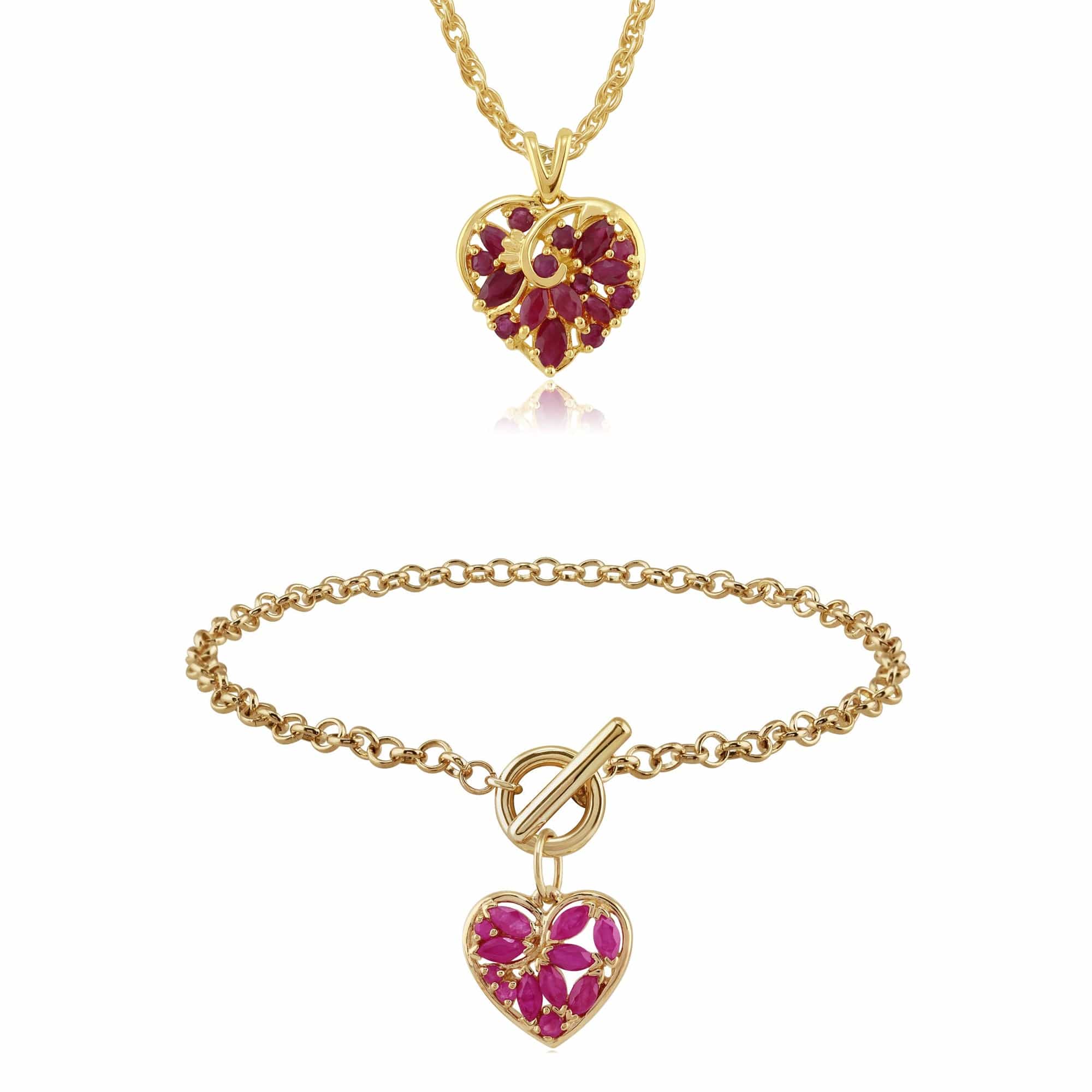 10799-8919 Classic Marquise Ruby Floral Heart Pendant & Bracelet Set in 9ct Gold 1
