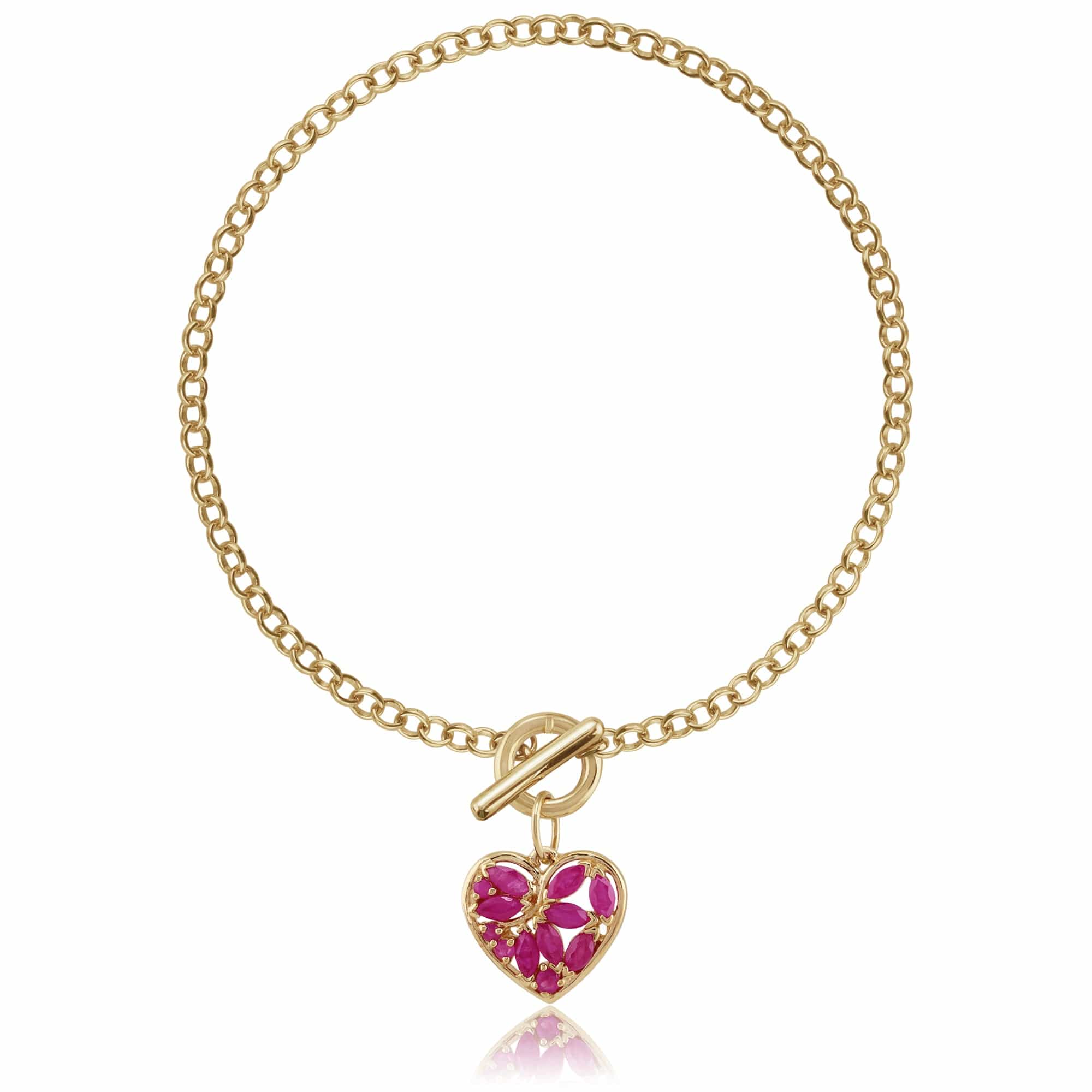 8919 Classic Marquise Ruby Heart Charm T-Bar Bracelet in 9ct Gold 1
