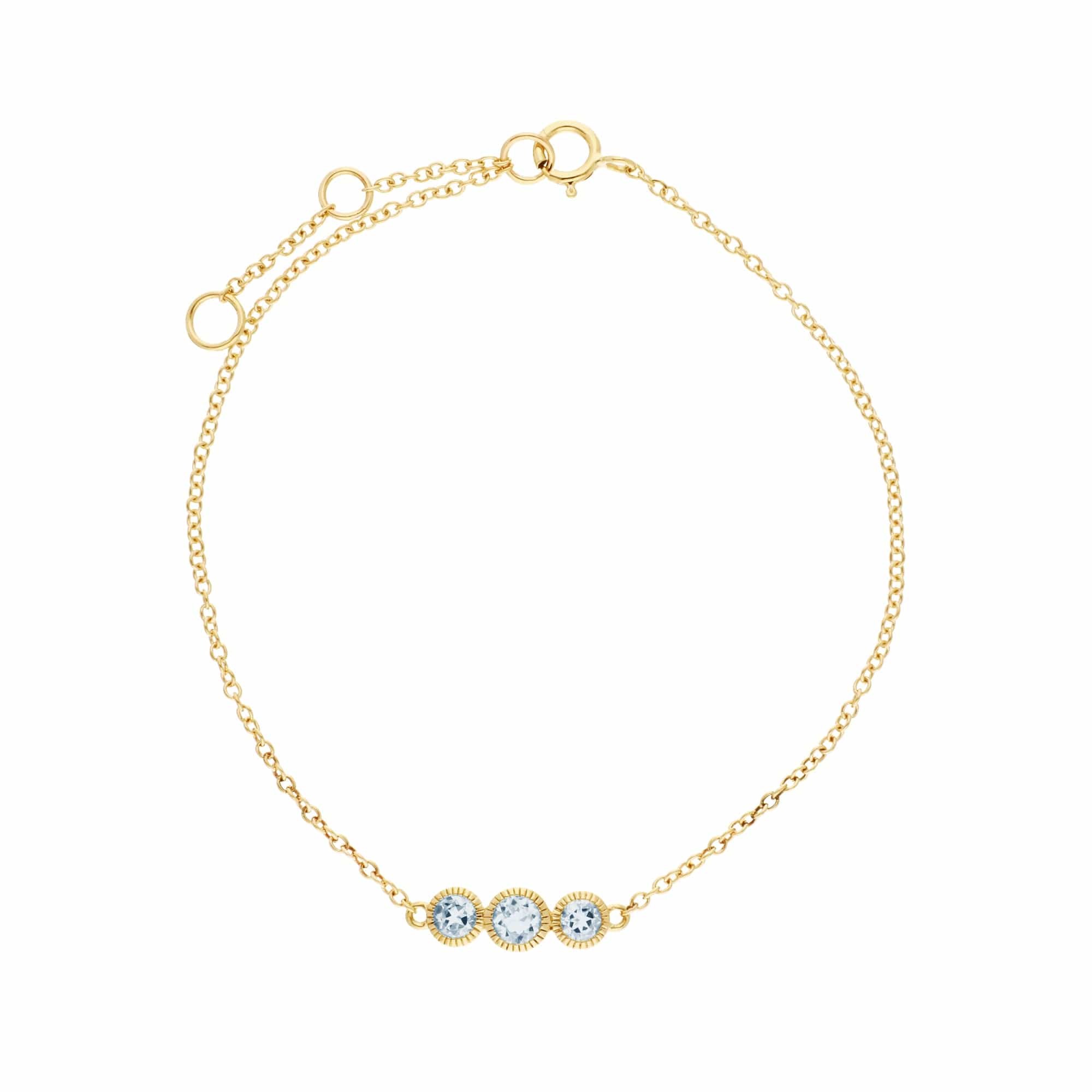 135L0289099 Classic Round Aquamarine Three Stone Milgrain Bracelet in 9ct Yellow Gold 2
