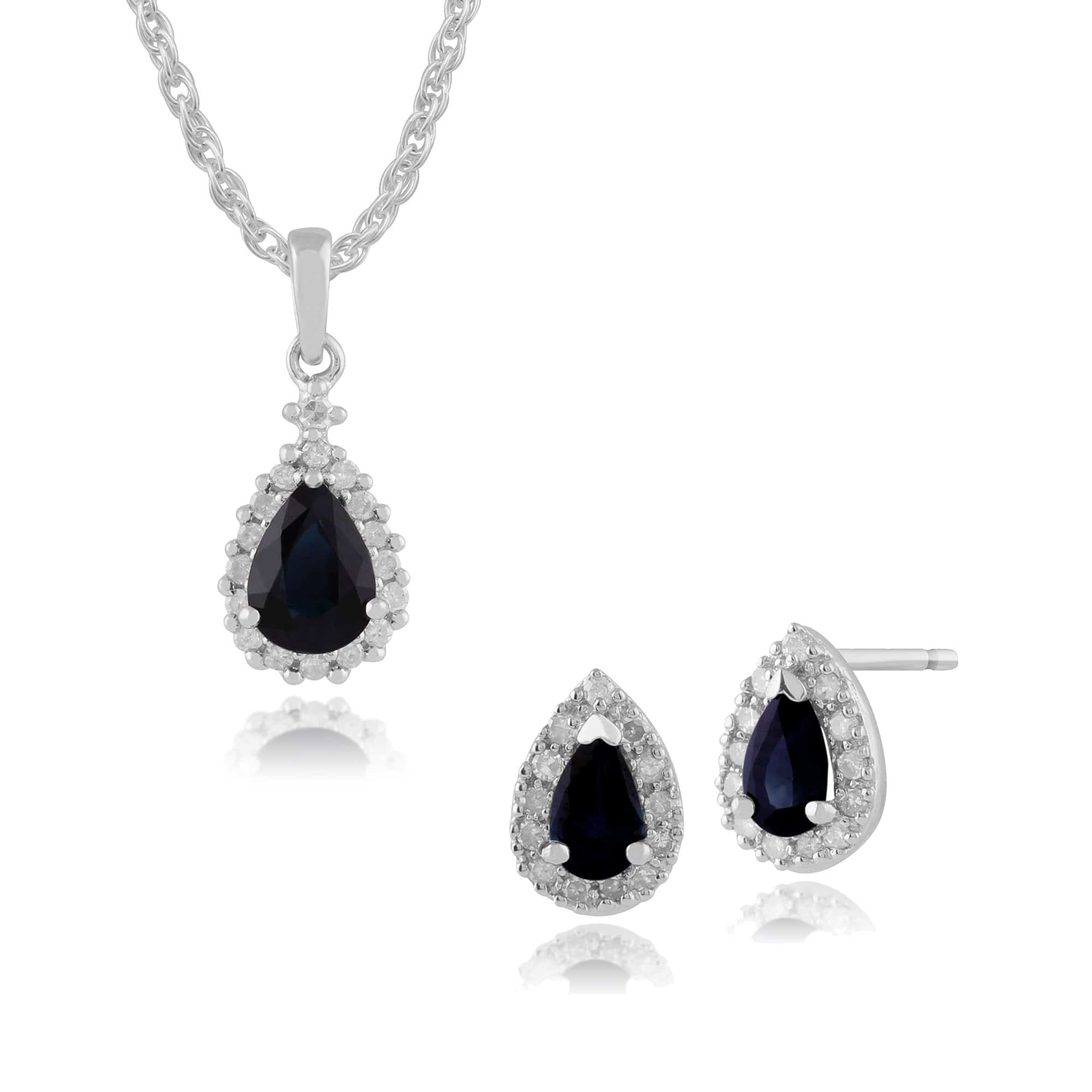 123E0693019-135P0565019 Classic Pear Sapphire & Diamond Halo Stud Earrings & Pendant Set in 9ct White Gold 1