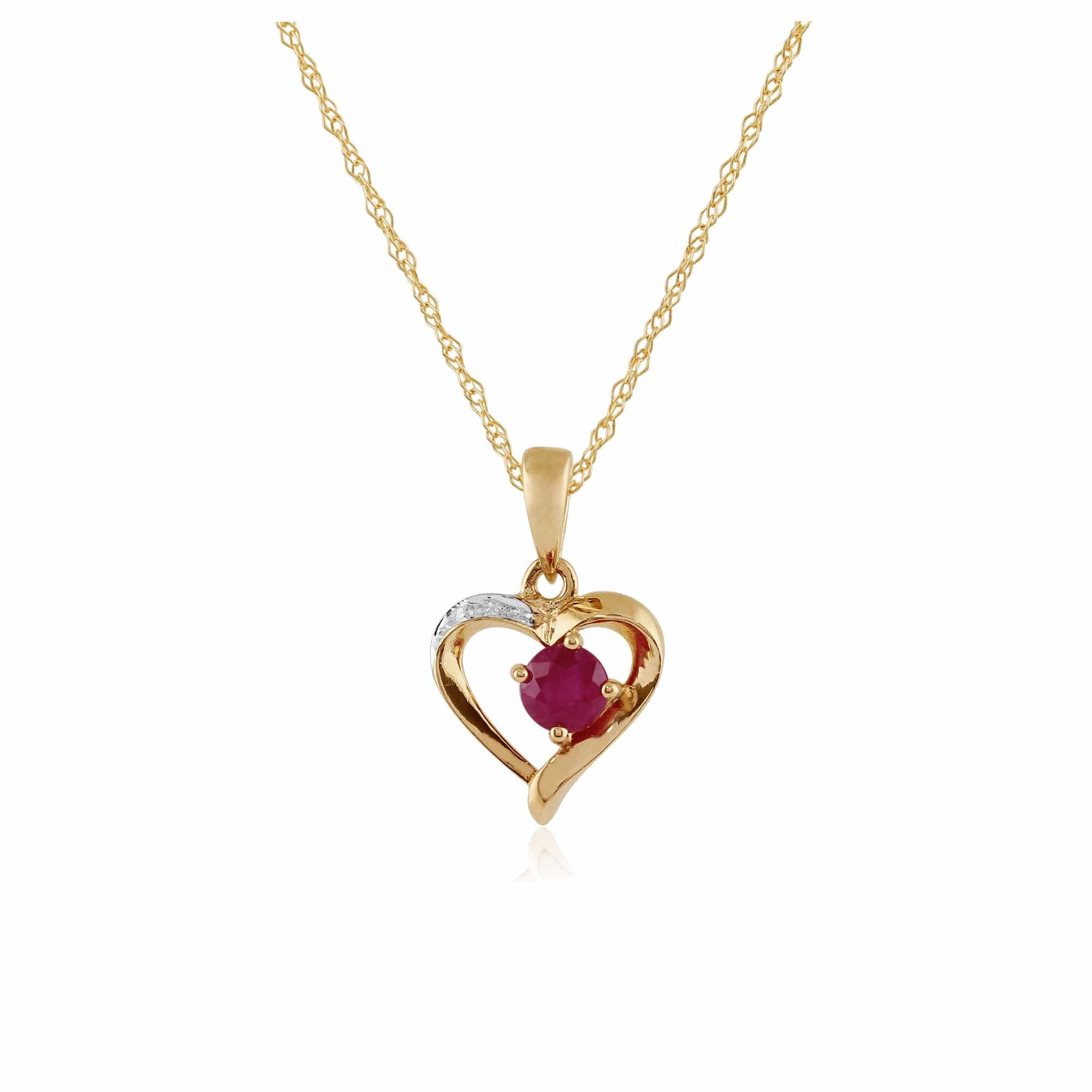 Classic Round Ruby & Diamond Heart Pendant in 9ct Yellow Gold