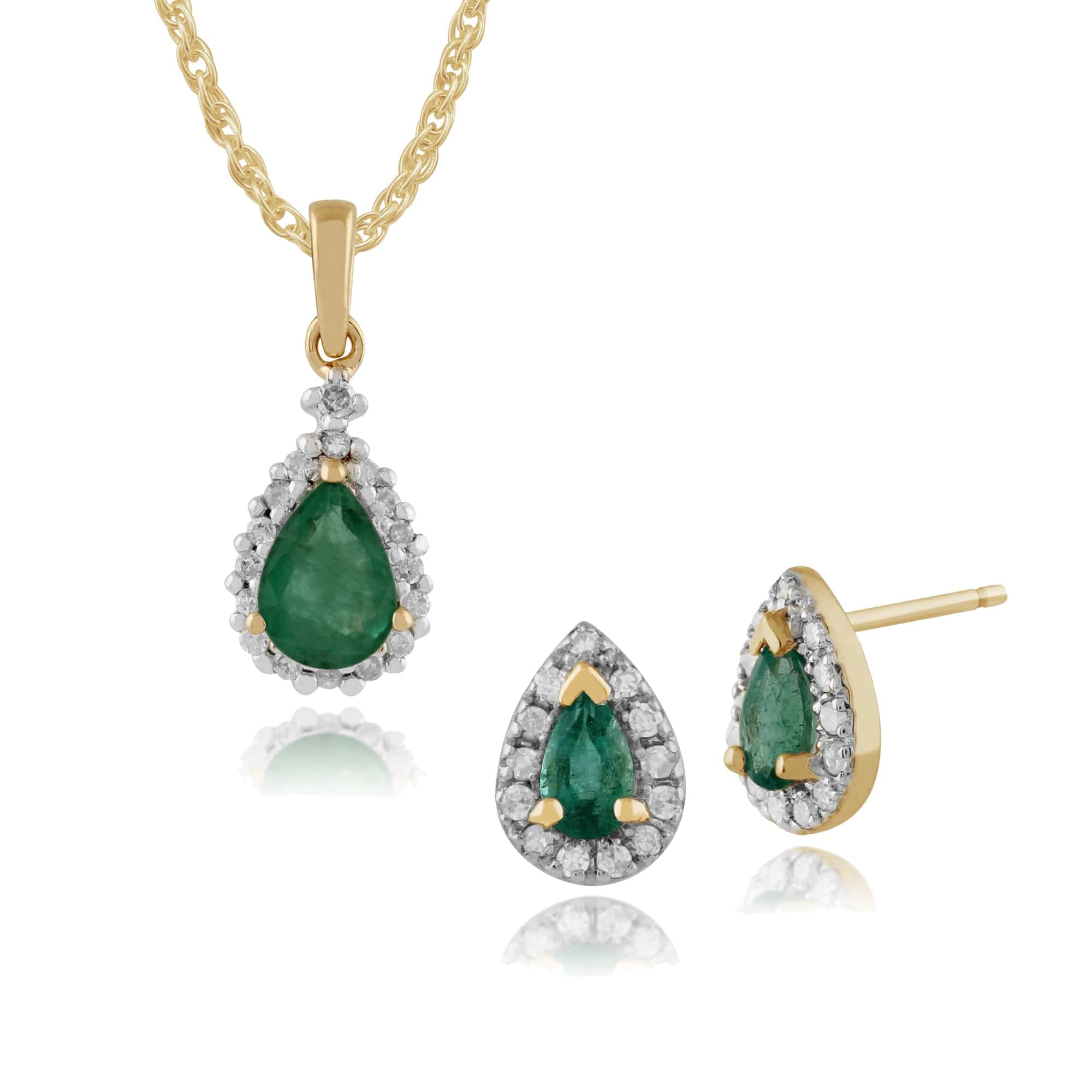 24240-135P1404049 Classic Pear Emerald & Diamond Halo Stud Earrings & Pendant Set in 9ct Yellow Gold 1
