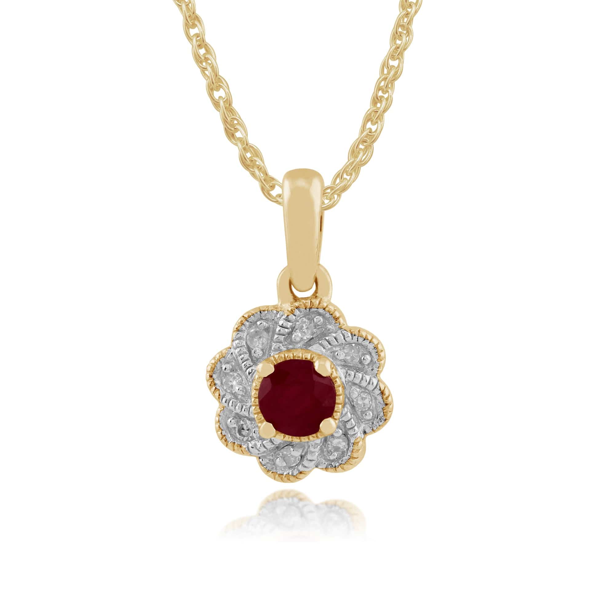 Gemondo 9ct Yellow Gold 0.24ct Ruby & Diamond Floral Pendant on 45cm Chain Image