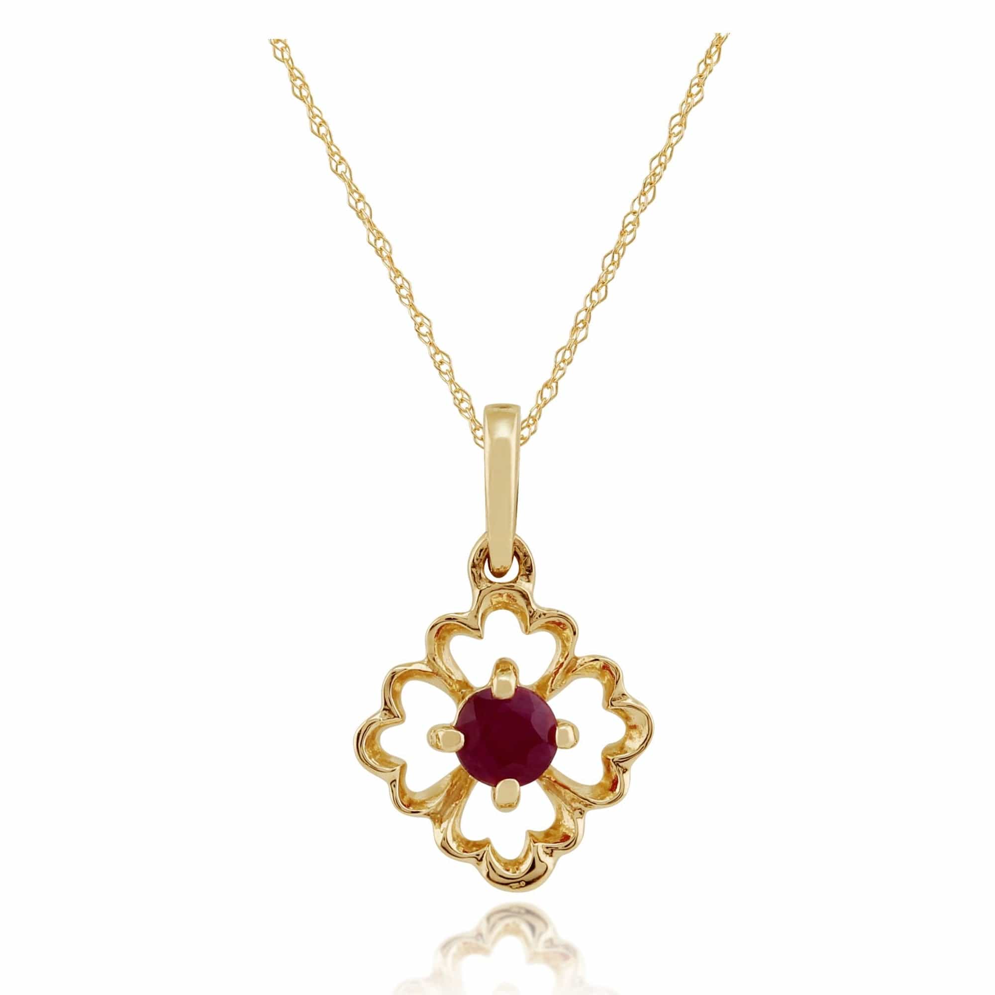 135P1558029 Floral Round Ruby Pendant in 9ct Yellow Gold 1