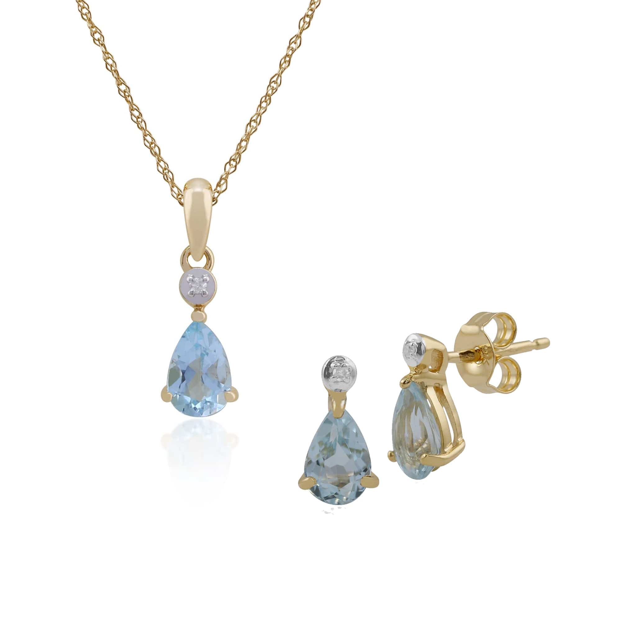 135E1263019-135P1643019 Classic Pear Blue Topaz & Diamond Stud Earrings & Pendant Set in 9ct Yellow Gold 1