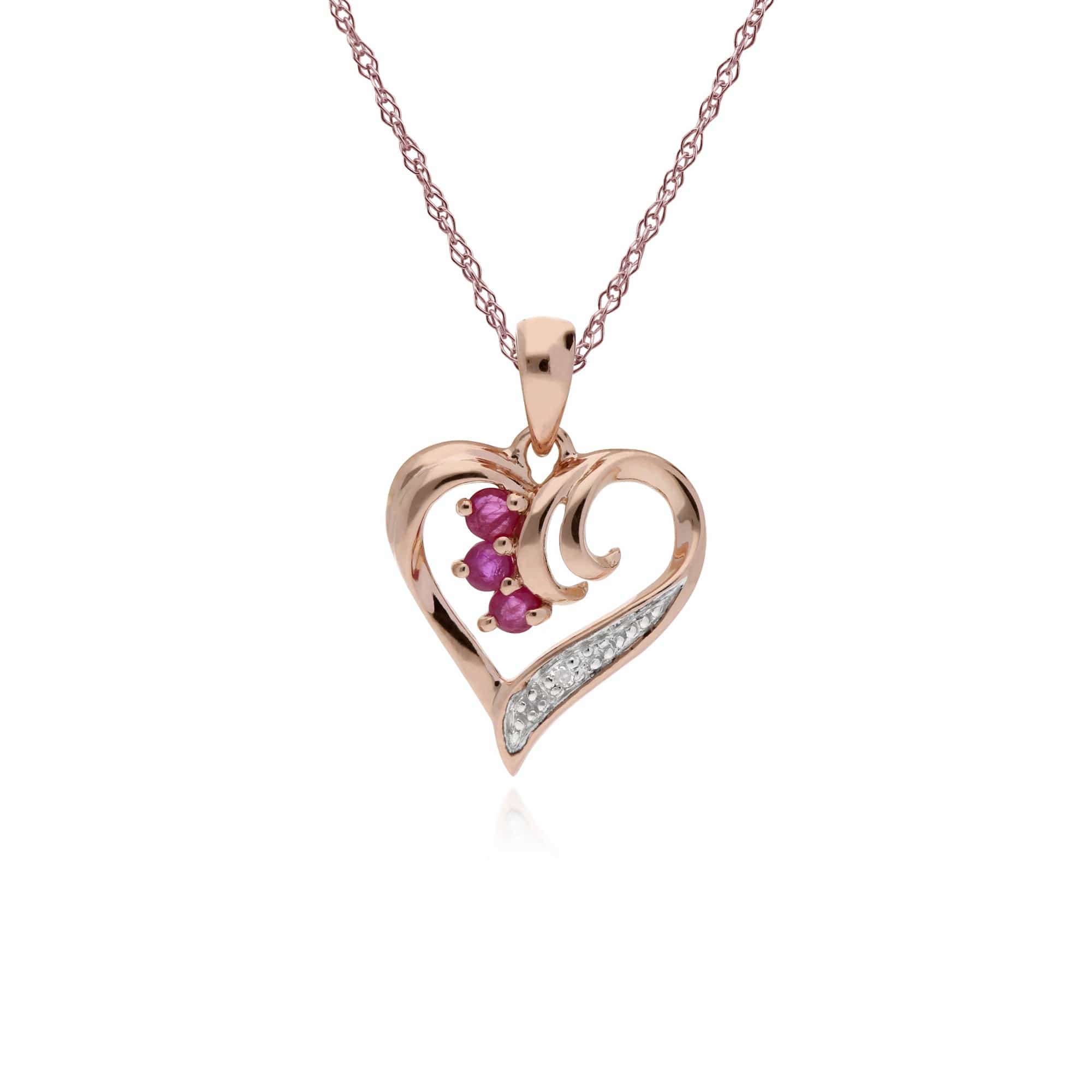 135P1842019 Classic Round Ruby & Diamond Swirled Love Heart Pendant in 9ct Rose Gold 1