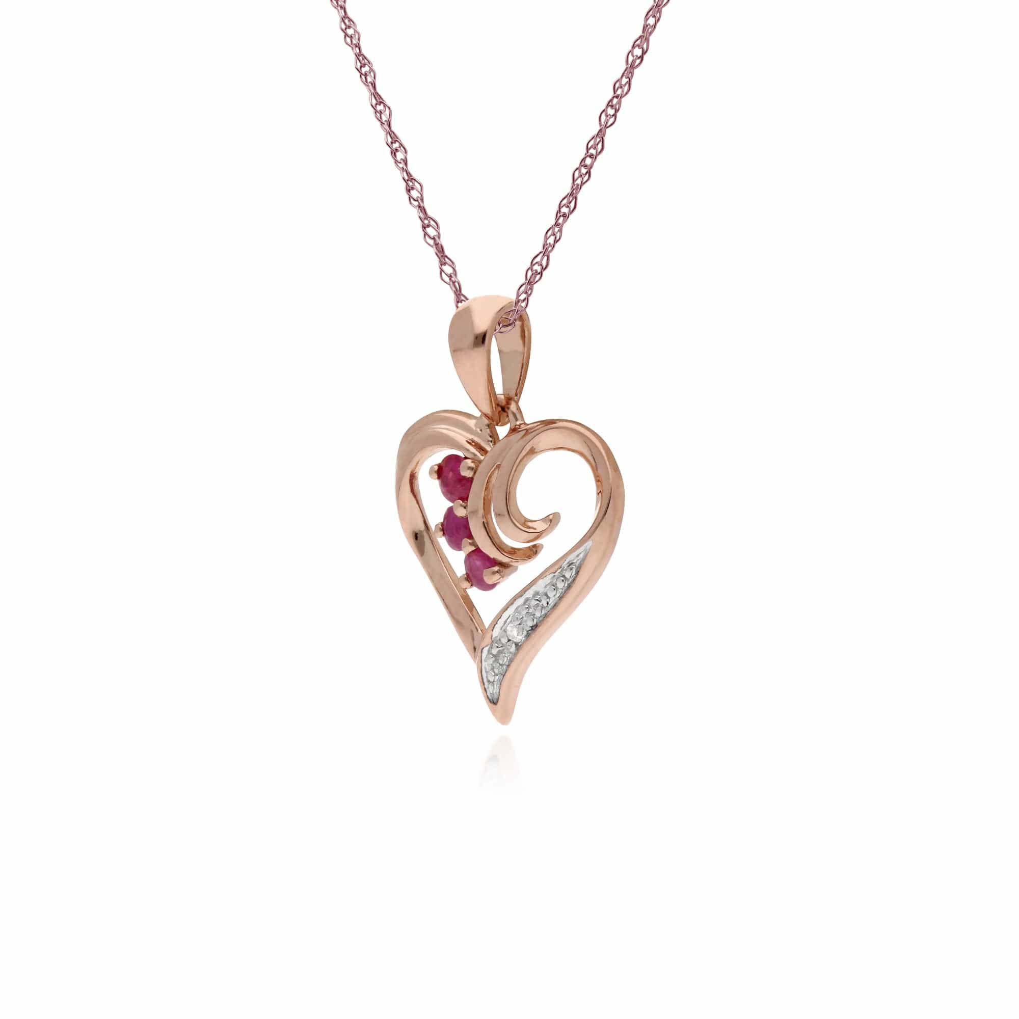 135P1842019 Classic Round Ruby & Diamond Swirled Love Heart Pendant in 9ct Rose Gold 2