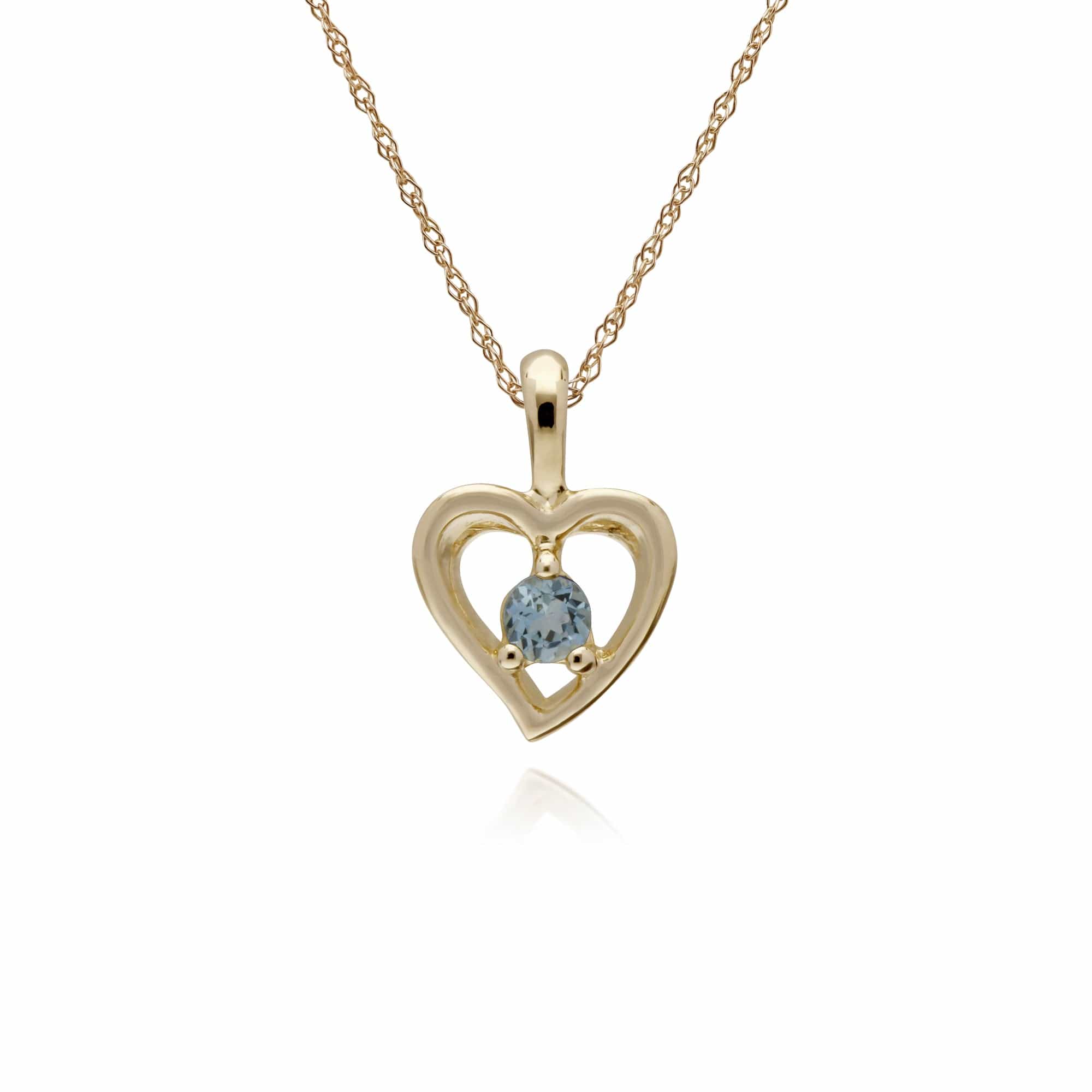 135P1875089 Classic Single Stone Round Aquamarine Open Love Heart Pendant in 9ct Yellow Gold 1