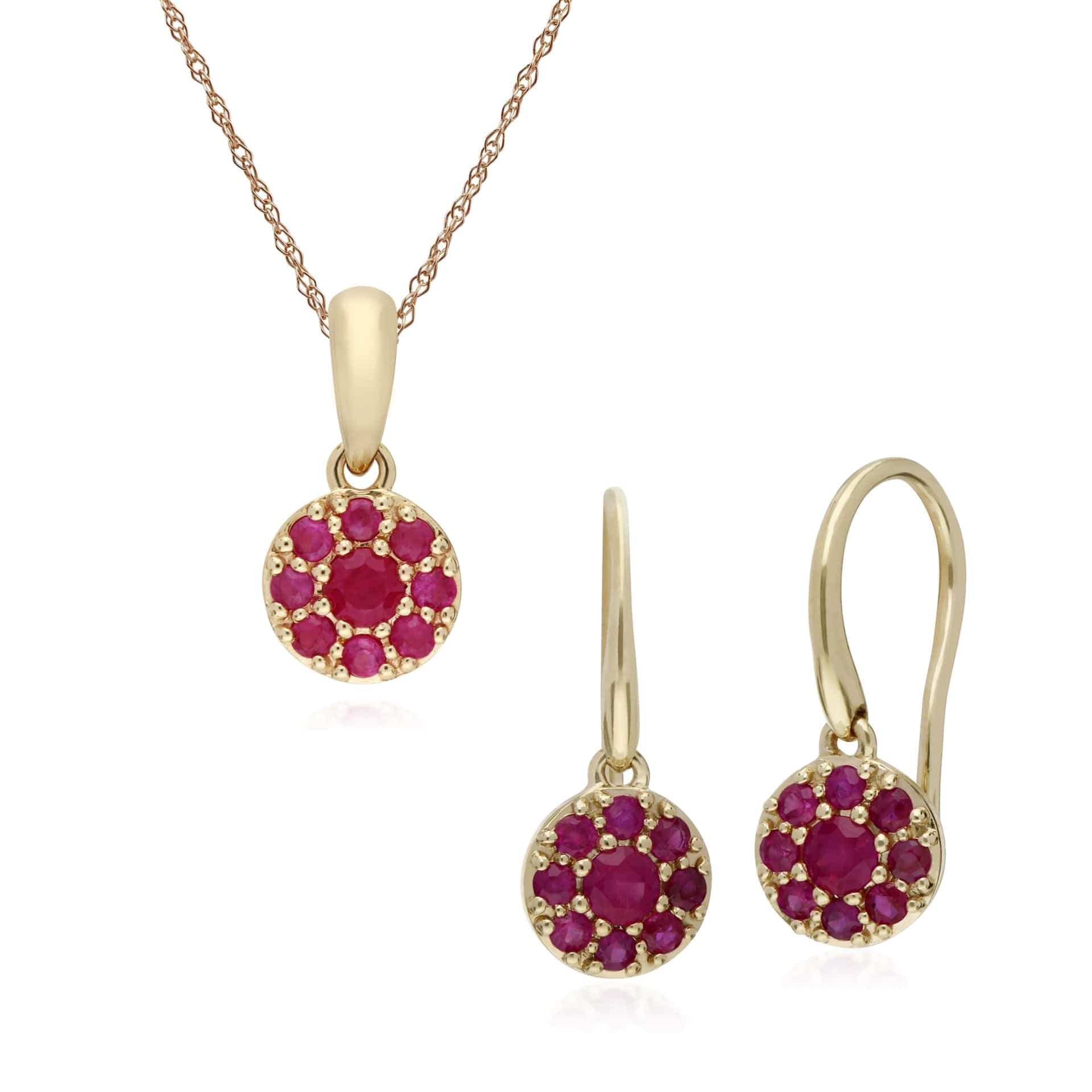 135E1573019-135P1910019 Classic Round Ruby Cluster Drop Earrings & Pendant Set in 9ct Yellow Gold 1