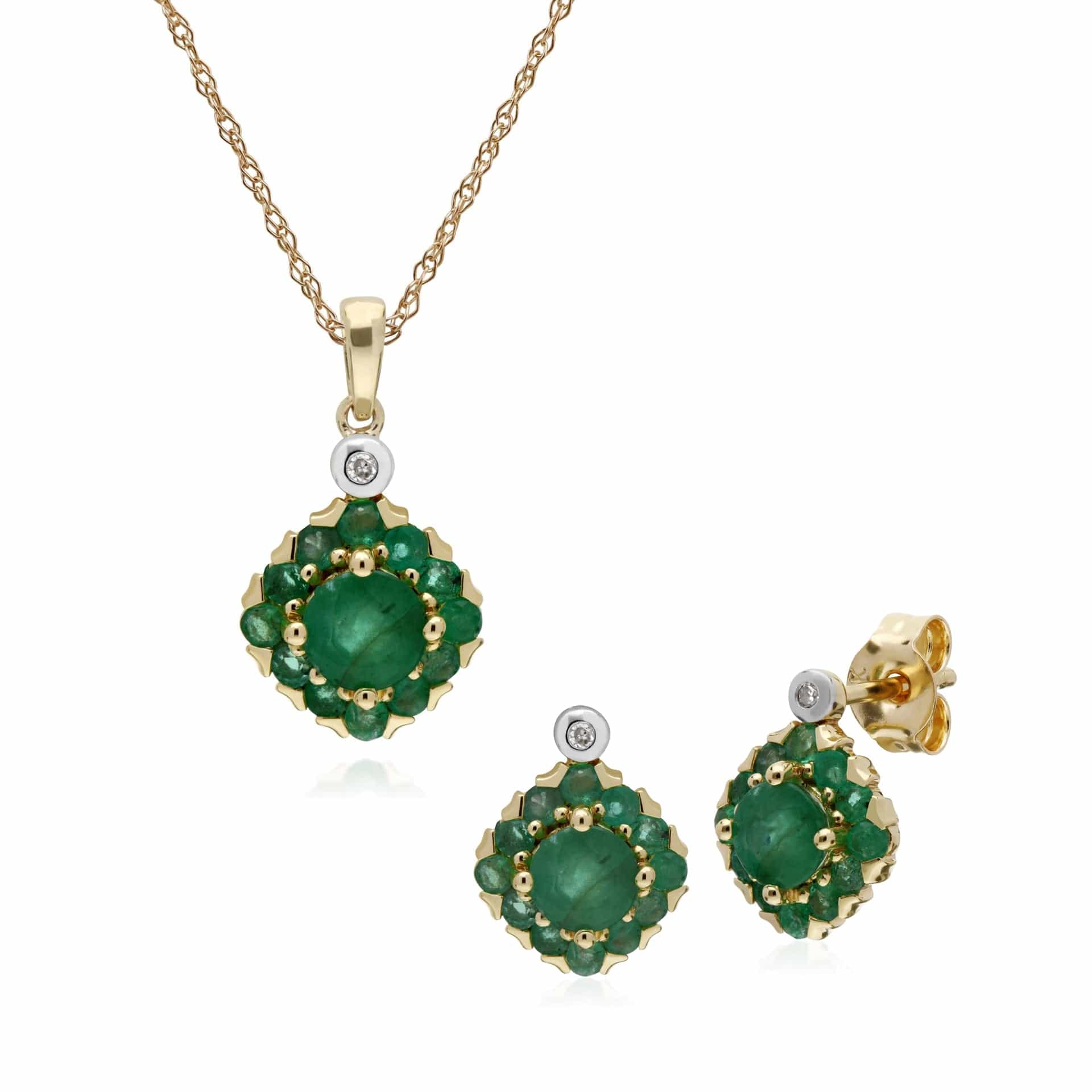 135E1571039-135P1911039 Classic Round Emerald & Diamond Square Cluster Stud Earrings & Pendant Set in 9ct Yellow Gold 1