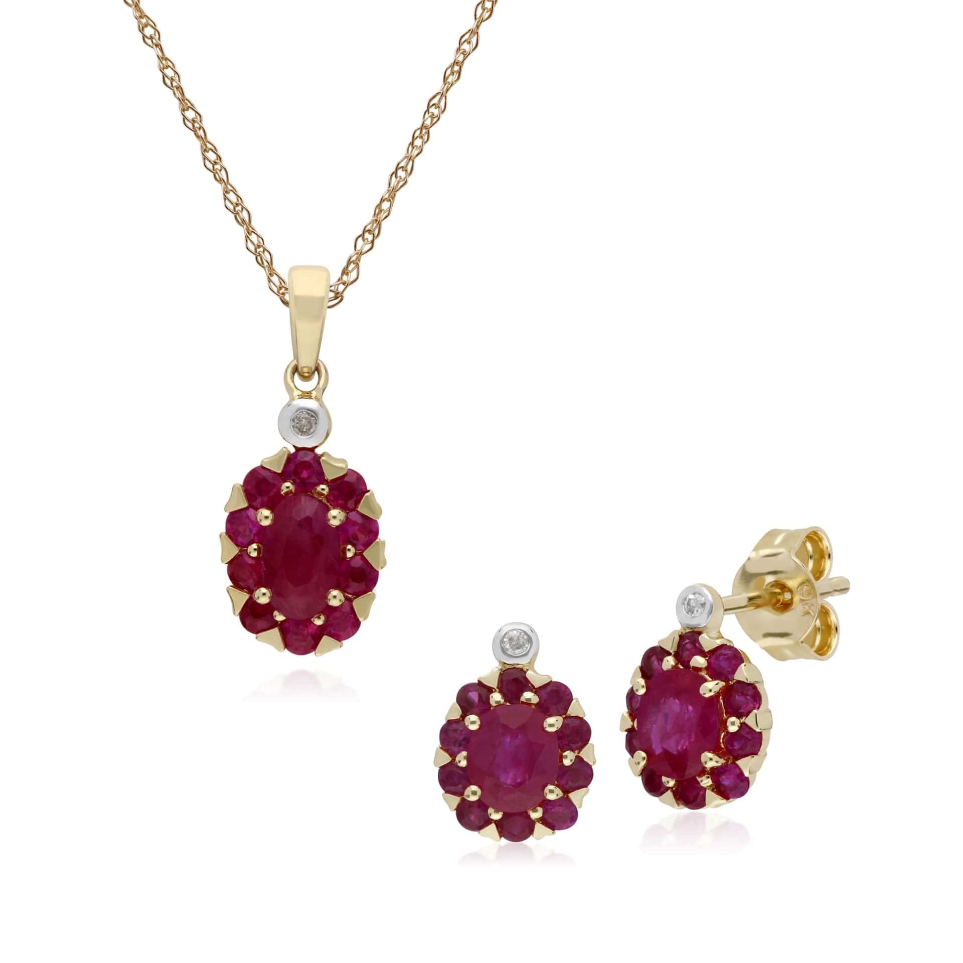 135E1572019-135P1912019 Classic Oval Ruby & Diamond Cluster Stud Earrings & Pendant Set in 9ct Yellow Gold 1