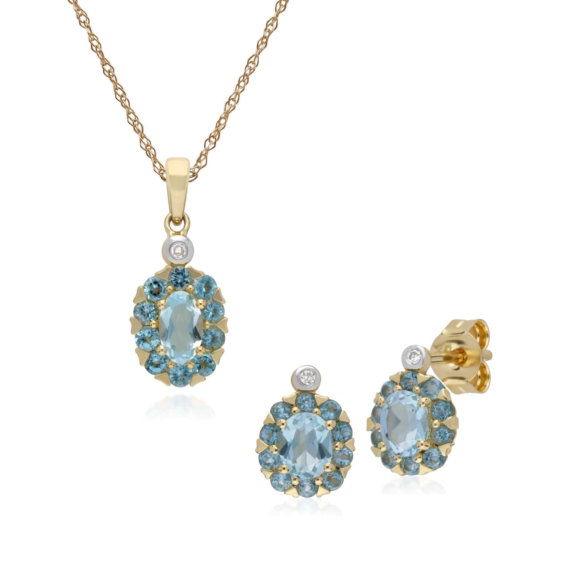 135E1572059-135P1912059 Classic Oval Blue Topaz & Diamond Cluster Stud Earrings & Pendant Set in 9ct Yellow Gold 1